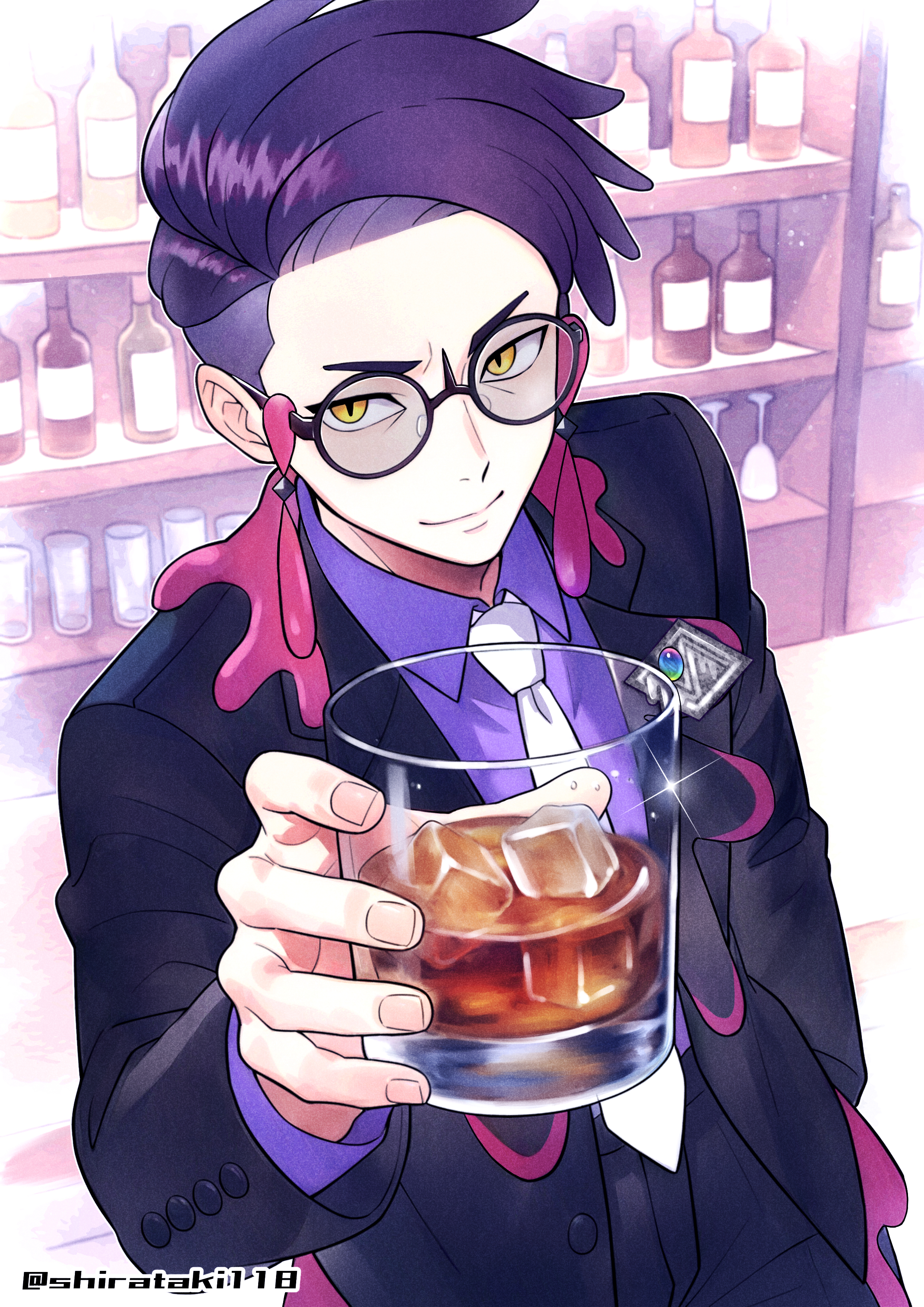 shirataki118, corbeau (pokemon), nintendo, pokemon, pokemon legends: z-a, absurdres, commentary request, highres, 1boy, alcohol, black-framed eyewear, black hair, black jacket, black pants, closed mouth, collared shirt, cup, drinking glass, fingernails, glasses, hand up, holding, ice, ice cube, indoors, jacket, long sleeves, male focus, necktie, open clothes, open jacket, pants, purple shirt, round eyewear, shirt, short hair, smile, solo, sparkle, tumbler glass, twitter username, watermark, whiskey, white necktie, yellow eyes
