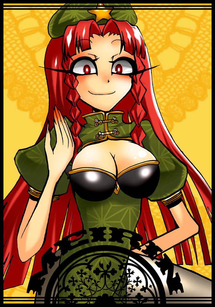 hoshi nawoki, nawoki seiyoukan, hong meiling, touhou, bad id, bad pixiv id, 1girl, braid, breasts, china dress, chinese clothes, cleavage, cleavage cutout, clothing cutout, dress, female focus, hat, large breasts, long hair, red eyes, red hair, solo, twin braids