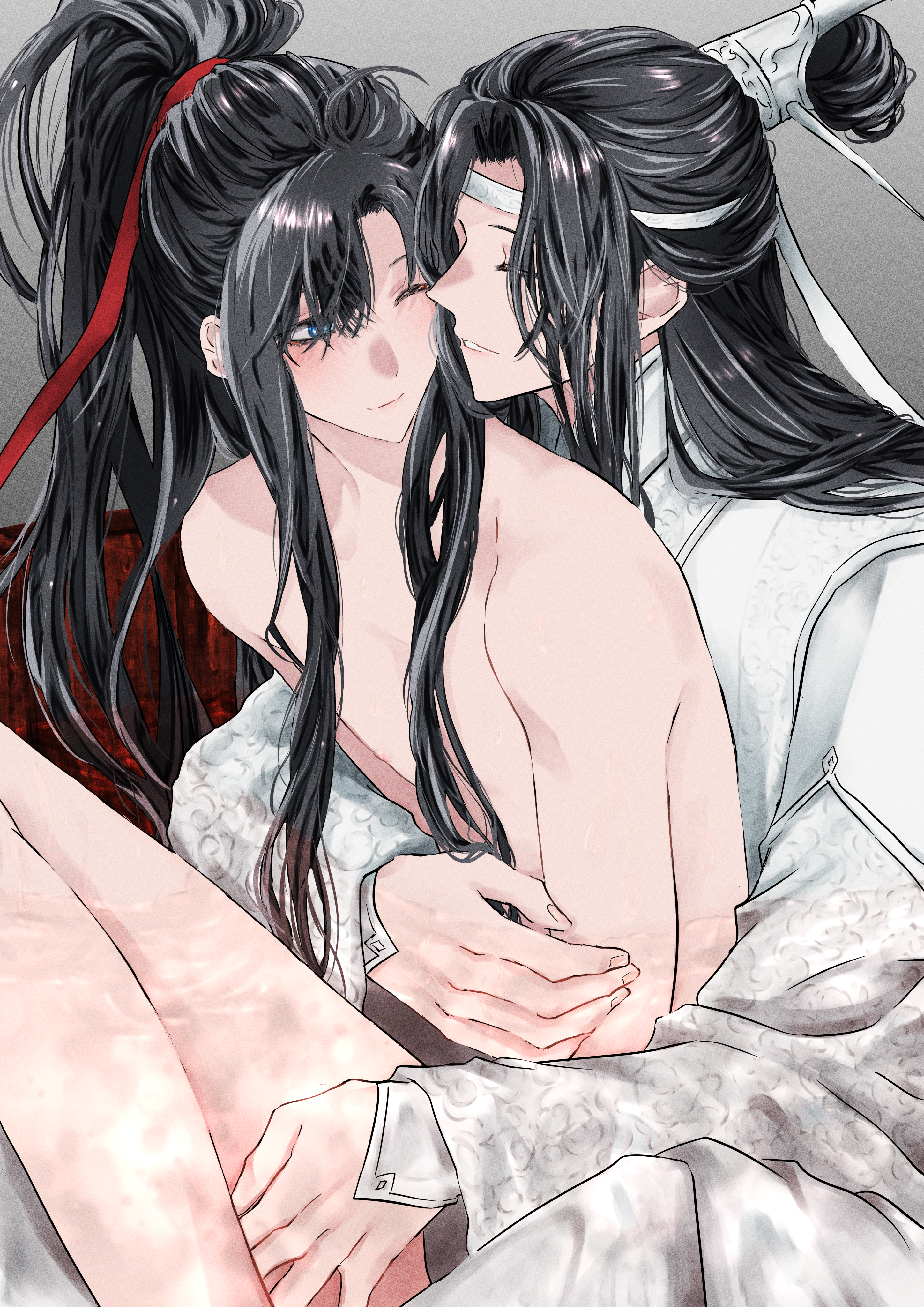 naruse (kmk648), lan wangji, wei wuxian, modao zushi, absurdres, highres, 2boys, ahoge, androgynous, bishounen, black hair, blue eyes, blush, chinese clothes, closed eyes, closed mouth, couple, hair ribbon, hand on another's thigh, hanfu, headband, high ponytail, hug, hug from behind, knee up, long hair, long sleeves, looking at another, male focus, multiple boys, nipples, nude, one eye closed, parted lips, ponytail, red ribbon, ribbon, robe, sidelocks, sitting, sitting on lap, sitting on person, smile, topknot, trap, white hanfu, white headband, wide sleeves, xiao guan (headdress), yaoi