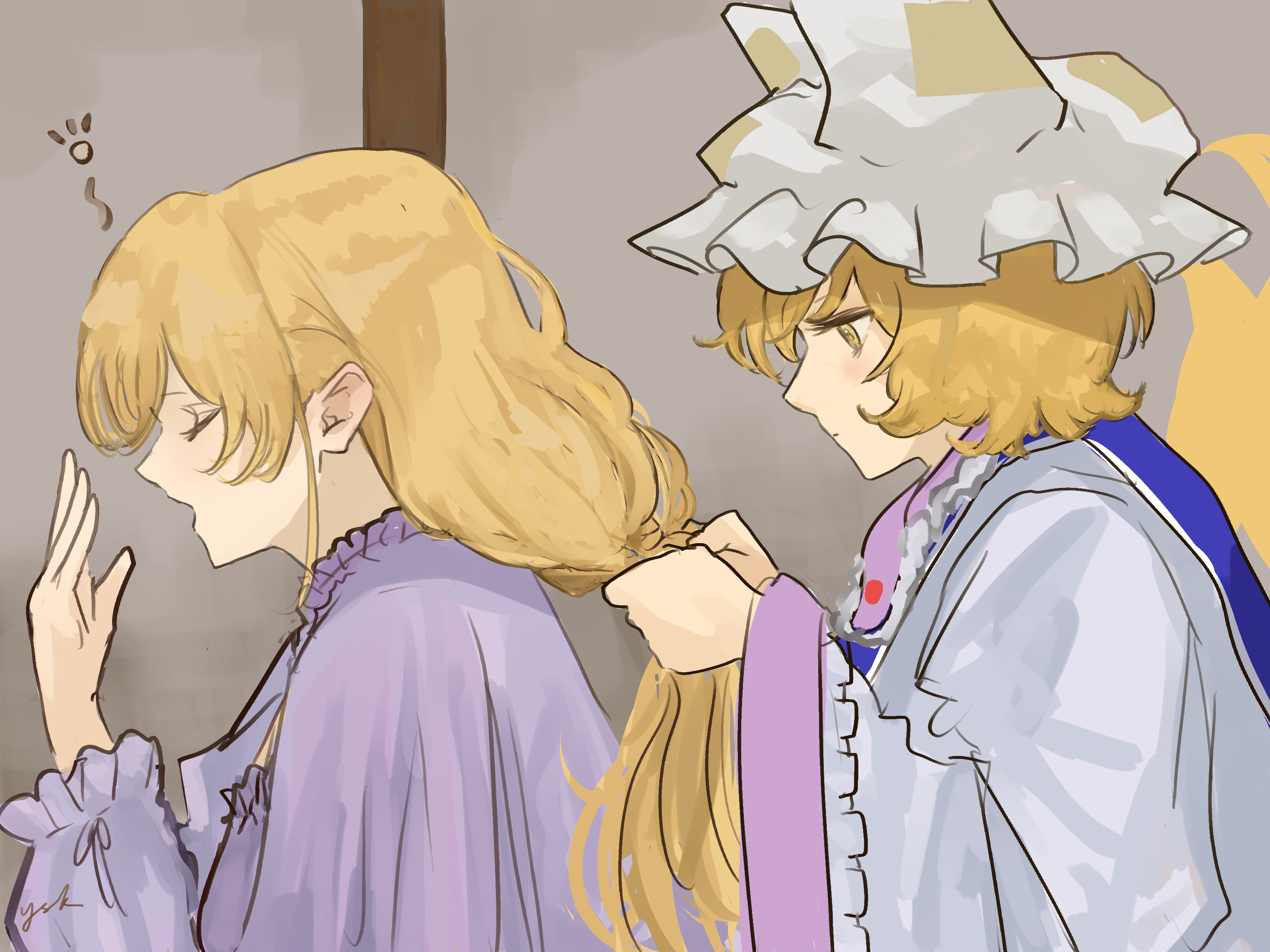 eneshi, yakumo ran, yakumo yukari, touhou, commentary request, highres, 2girls, adjusting another's hair, blonde hair, blue tabard, closed eyes, closed mouth, collar, covering own mouth, expressionless, fox tail, frilled shirt, frills, from side, full body, grey background, hand over own mouth, hat, long hair, long sleeves, looking down, mob cap, multiple girls, multiple tails, ofuda, open mouth, purple collar, purple shirt, purple trim, shirt, short hair, squeans, tabard, tail, upper body, very long hair, white hat, white shirt, wide sleeves, yawning, yellow eyes