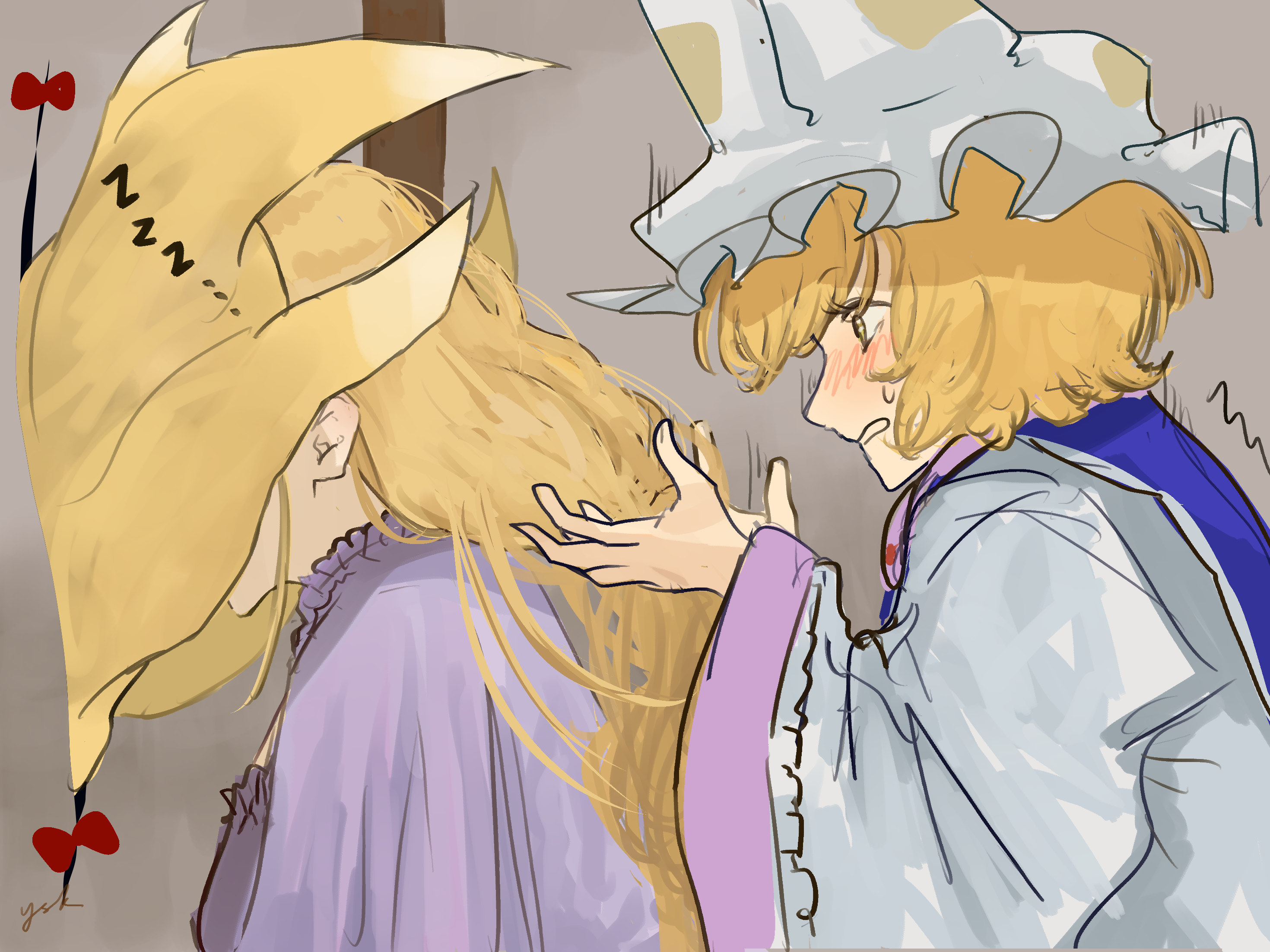 eneshi, yakumo ran, yakumo yukari, touhou, commentary request, highres, 2girls, ^^^, blonde hair, blue tabard, blush, clenched teeth, collar, fox girl, fox tail, frilled shirt, frills, from side, gap (touhou), grey background, hat, head down, holding another's hair, long hair, long sleeves, mob cap, motion lines, multiple girls, multiple tails, ofuda, open mouth, purple collar, purple shirt, purple trim, shirt, short hair, sleeping, surprised, sweatdrop, tabard, tail, tail pillow, teeth, very long hair, white hat, white shirt, wide sleeves, yellow eyes, zzz