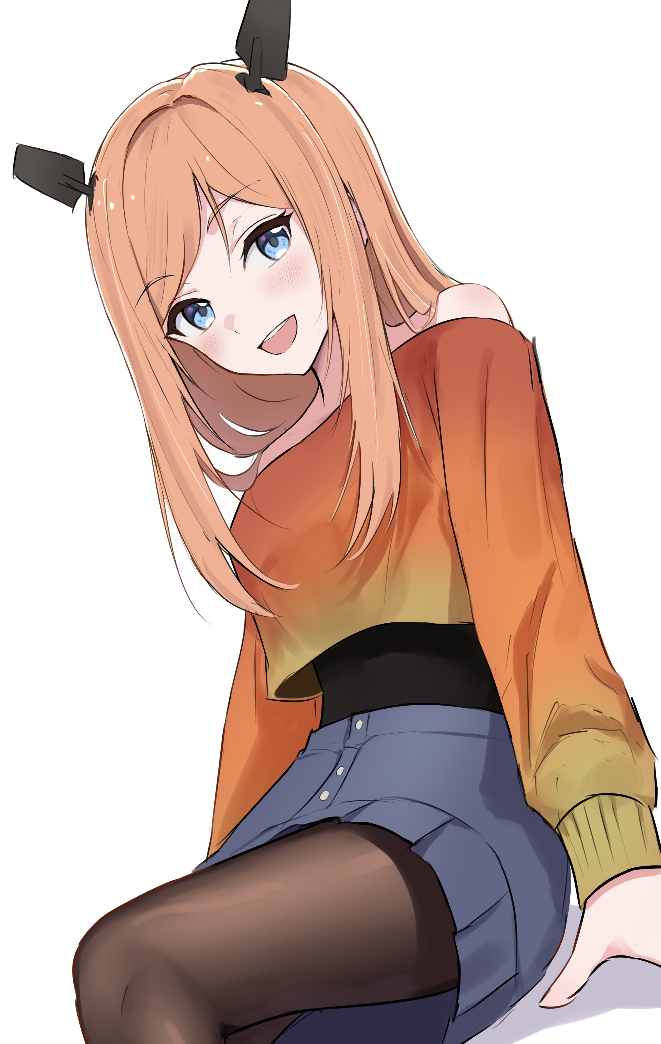 l meet, salmon (kancolle), salmon (winter) (kancolle), kantai collection, absurdres, highres, 1girl, black pantyhose, blue eyes, blue skirt, breasts, cropped sweater, denim, denim skirt, gradient sweater, green sweater, long hair, miniskirt, off-shoulder sweater, off shoulder, official alternate costume, open mouth, orange hair, orange sweater, pantyhose, round teeth, skirt, small breasts, smile, sweater, teeth, upper teeth only