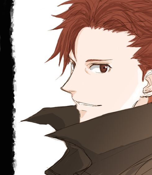 gogono pan'ya, claire stanfield, baccano!, 00s, 1boy, brown coat, coat, from side, looking at viewer, looking to the side, male focus, parted lips, red eyes, red hair, simple background, sketch, smile, solo, upper body, white background