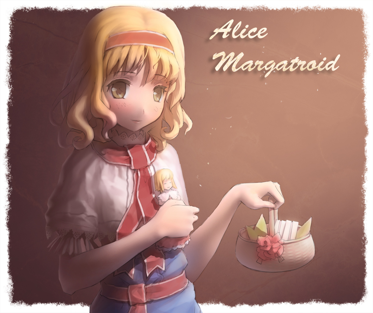 ddal, alice margatroid, touhou, bad id, bad pixiv id, 2girls, basket, blonde hair, doll, female focus, gradient background, hairband, multiple girls, short hair, solo, standing, yellow eyes