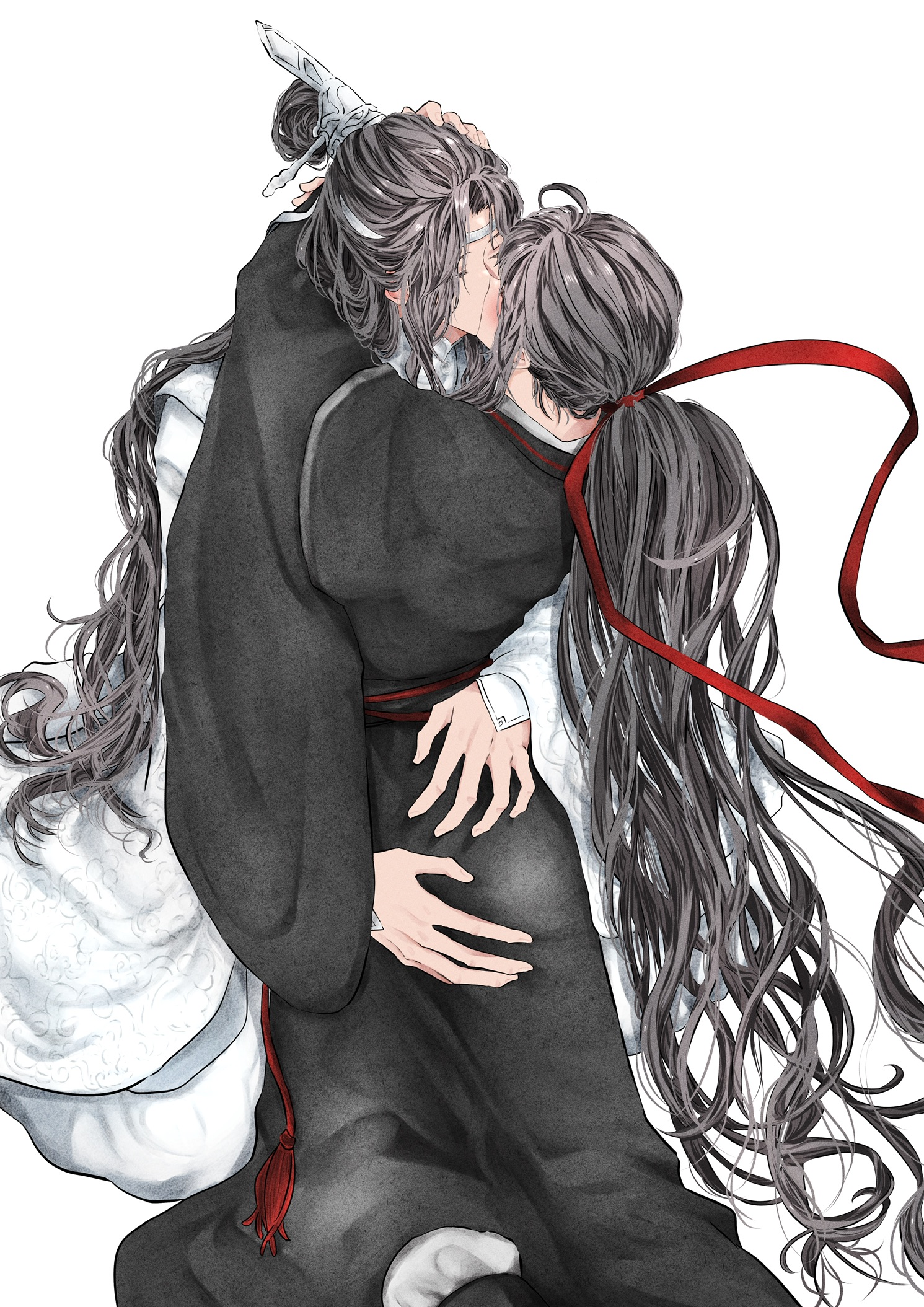 naruse (kmk648), lan wangji, wei wuxian, modao zushi, highres, 2boys, ahoge, black hair, black hanfu, blush, chinese clothes, closed eyes, couple, facing away, from behind, hair ribbon, hand on another's head, hands on another's ass, hanfu, headband, hug, kiss, kneeling, long hair, long sleeves, male focus, multiple boys, ponytail, red ribbon, red sash, ribbon, robe, sash, sidelocks, simple background, topknot, very long hair, white background, white hanfu, white headband, wide sleeves, xiao guan (headdress), yaoi