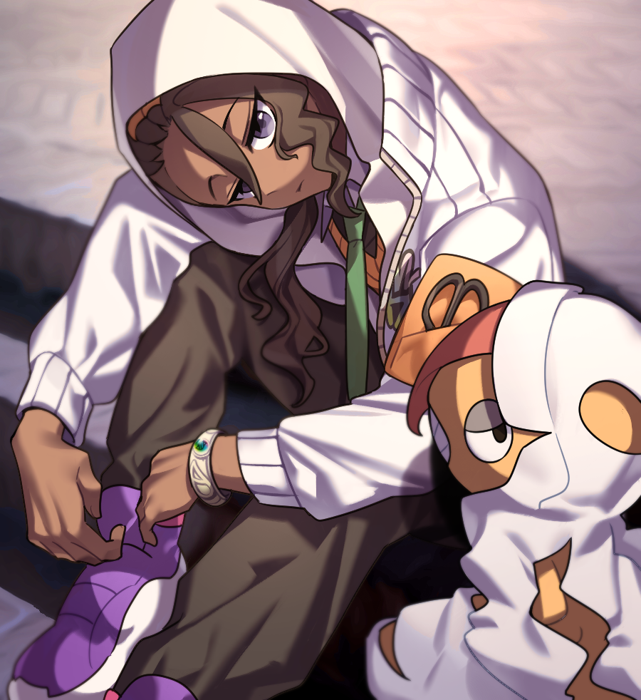 hayochi, mega scrafty, naveen (pokemon), scrafty, nintendo, pokemon, pokemon legends: z-a, commentary request, 1boy, bracelet, brown hair, brown pants, closed mouth, collared shirt, dark-skinned male, dark skin, gen 5 pokemon, green necktie, grey eyes, hair between eyes, head tilt, hood, hood up, jacket, jewelry, long hair, male focus, necktie, orange vest, pants, pokemon (creature), purple shoes, shirt, shoes, sitting, stairs, vest, white jacket