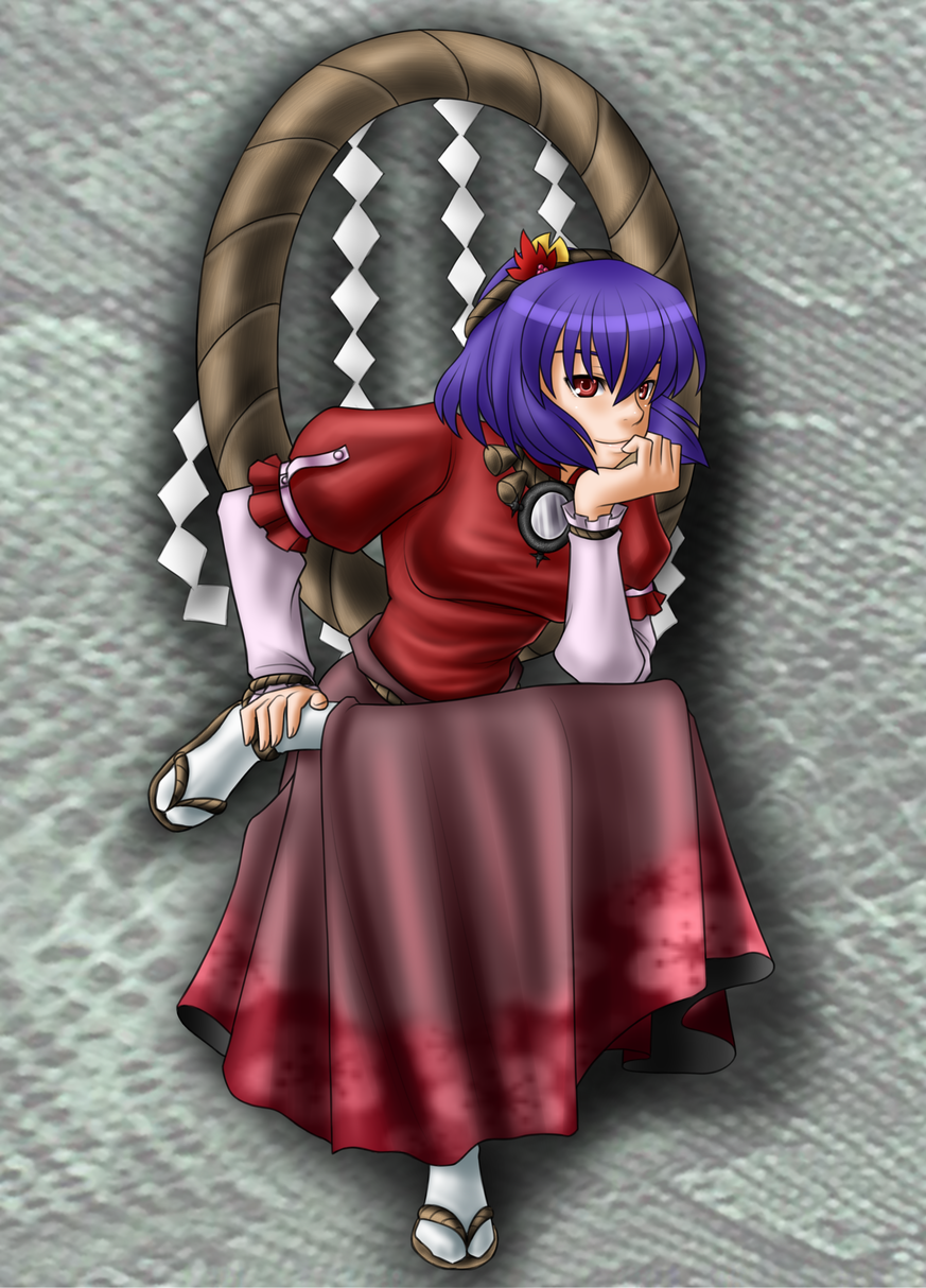 five-seven (0verlimits), yasaka kanako, touhou, highres, 1girl, female focus, hair ornament, leaf hair ornament, purple hair, red eyes, rope, sandals, shide, shimenawa, short hair, solo