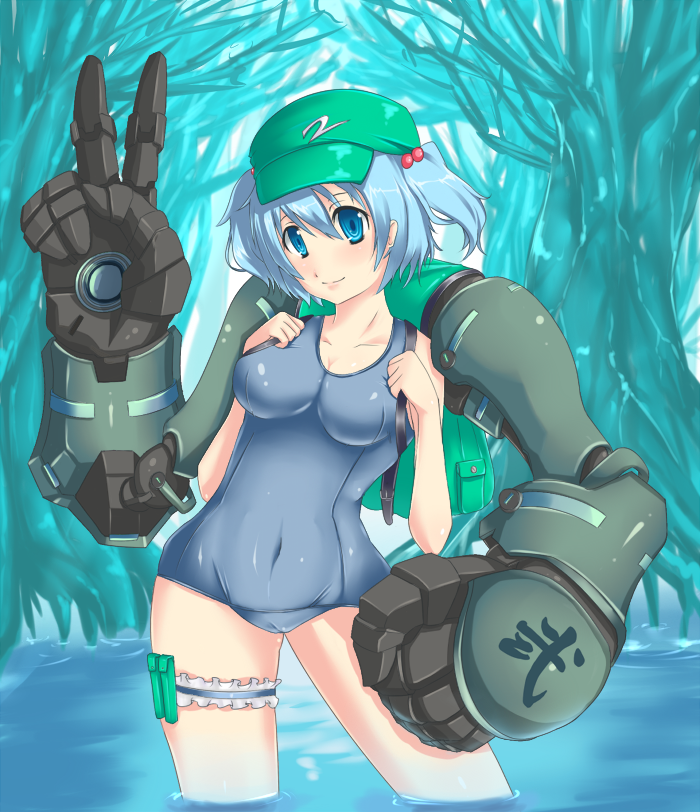 s-pot, kawashiro nitori, touhou, 1girl, backpack, bag, blue eyes, blue hair, cameltoe, female focus, frilled thigh strap, hair bobbles, hair ornament, hat, matching hair/eyes, mechanical arms, one-piece swimsuit, randoseru, school swimsuit, short hair, single mechanical arm, solo, swimsuit, thigh strap, twintails, two side up, v, wading, water