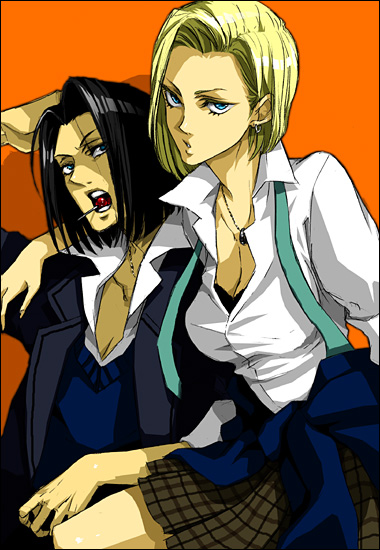 kumo nokai, kumo yuki suke, android 17, android 18, dragon ball, dragonball z, bad id, bad pixiv id, 1boy, 1girl, android, blonde hair, blue eyes, brother and sister, earrings, jewelry, necklace, siblings, skirt