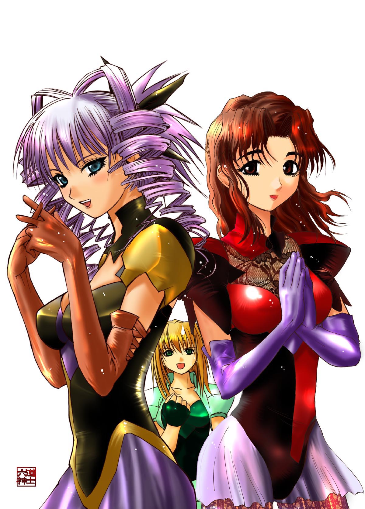 rikudou koushi, elgala, excel, hyatt, excel saga, highres, 1990s (style), 3girls, armor, blonde hair, blue eyes, brown eyes, brown hair, drill hair, elbow gloves, fingerless gloves, gloves, green eyes, multiple girls, purple hair, retro artstyle, smile, steepled fingers