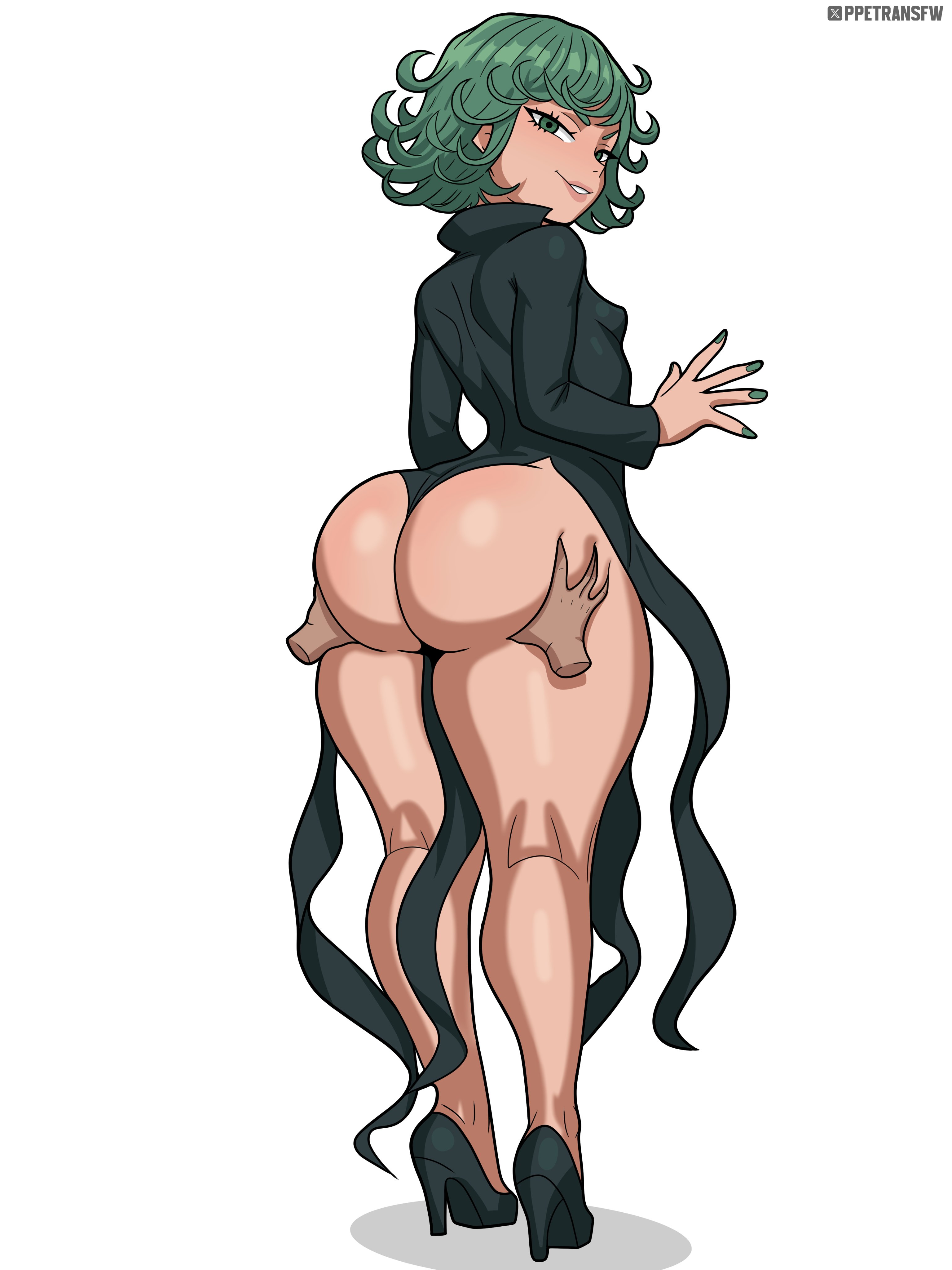 tatsumaki, one-punch man, absurdres, highres, 1girl, artist name, ass, bare legs, breasts, collared dress, disembodied hand, dress, female focus, from behind, full body, grabbing another's ass, green eyes, green hair, groping, high heels, huge ass, looking at viewer, matching hair/eyes, nail polish, ppetransfw, short hair, small breasts, solo, thick thighs, thighs, wide hips