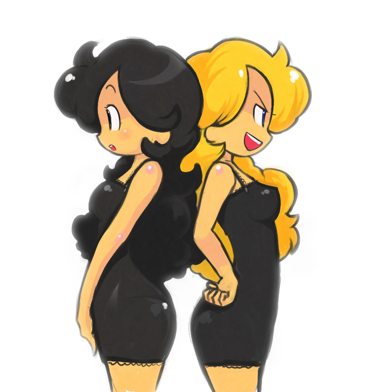 okera, lunch (bad) (dragon ball), lunch (dragon ball), lunch (good) (dragon ball), dragon ball, 2girls, black eyes, black hair, blonde hair, blue eyes, curly hair, dress, dual persona, long hair, multiple girls, open mouth, profile, simple background, white background