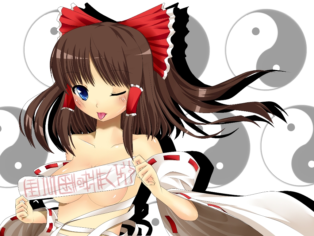 loa, passingpleasures, hakurei reimu, touhou, bad id, bad pixiv id, 1girl, :p, ;p, bandages, bare shoulders, blue eyes, blush, bow, breasts, brown hair, censored, convenient censoring, covering breasts, covering privates, detached sleeves, female focus, hair bow, japanese clothes, large breasts, miko, ofuda, one eye closed, short hair, smile, solo, teasing, tongue, tongue out, wink
