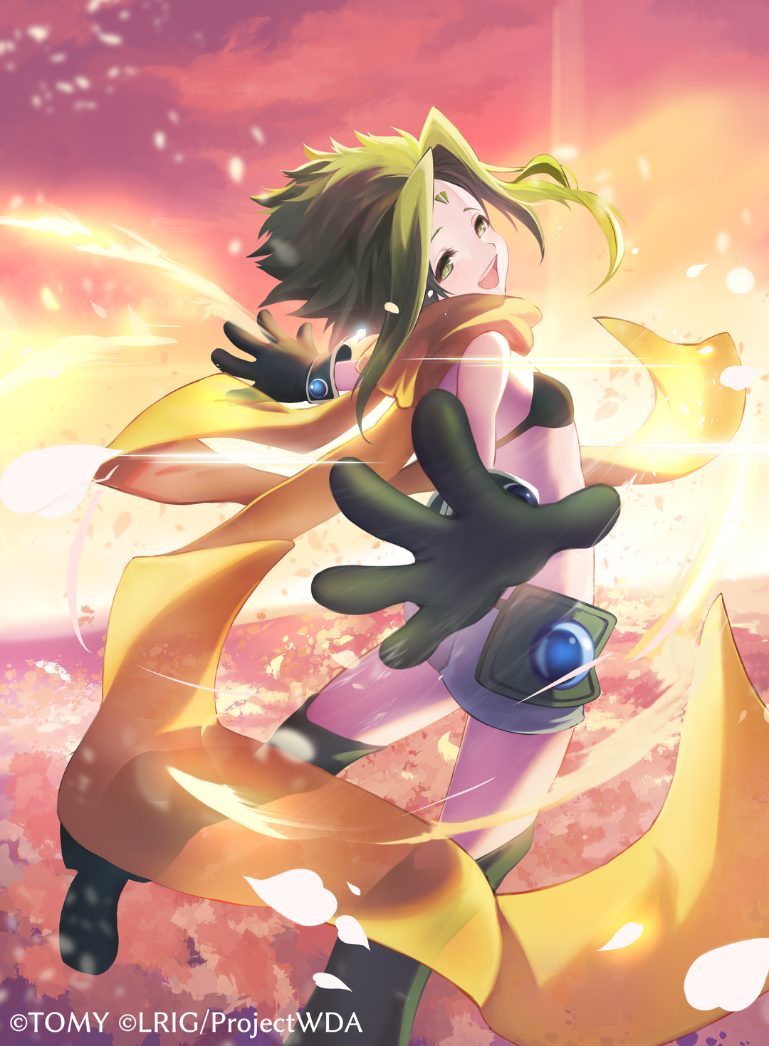 dqn (dqnww), midoriko (wixoss), wixoss, highres, official art, 1girl, boots, copyright notice, flat chest, gloves, green boots, green eyes, green gloves, green hair, green tube top, looking at viewer, open mouth, outdoors, scarf, shorts, smile, solo, strapless, thigh boots, tube top, twilight, white shorts, yellow scarf