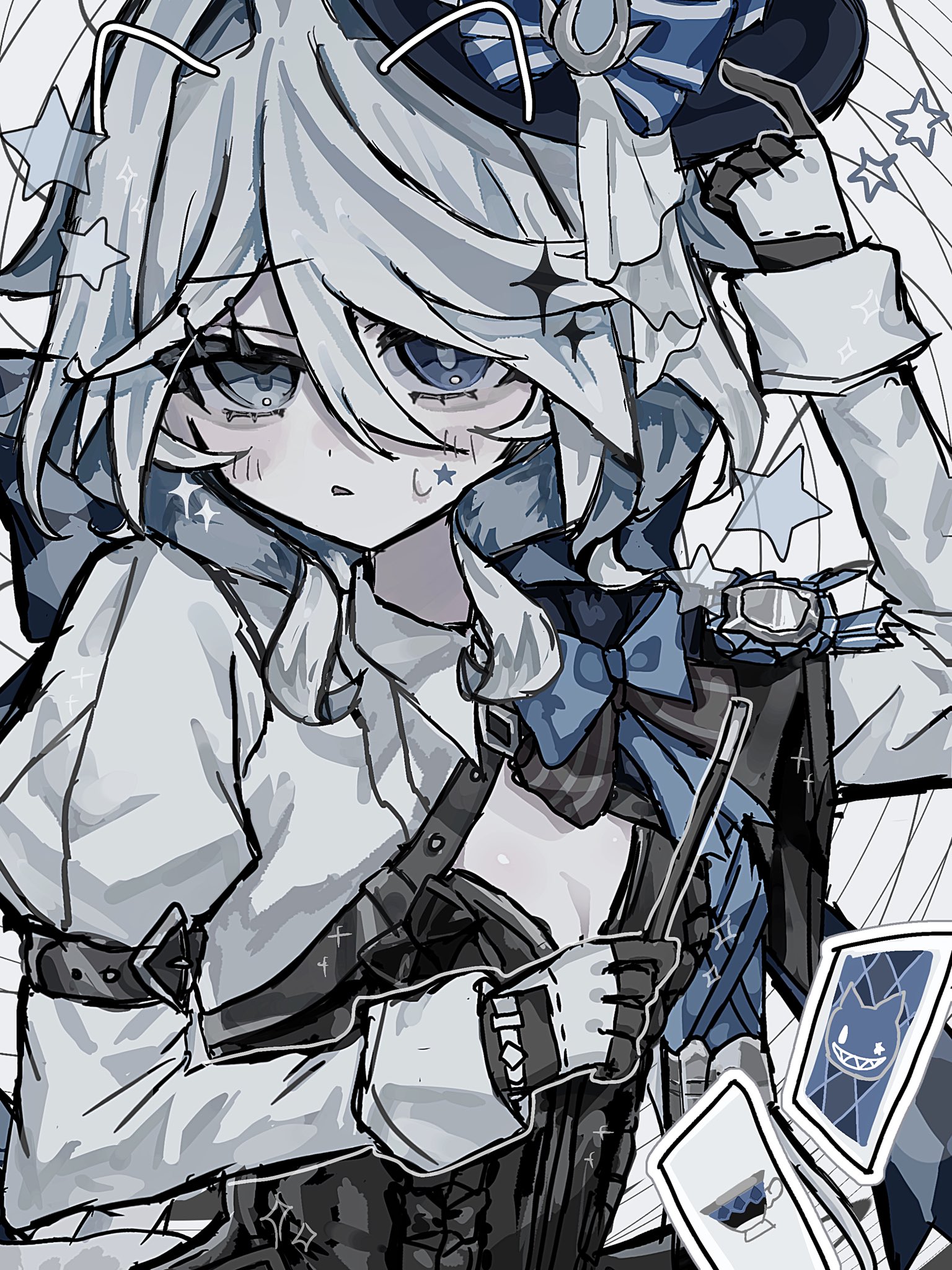 mirasan x, furina (genshin impact), lynette (genshin impact), genshin impact, highres, 1girl, black gloves, blue bow, blue eyes, blue hair, bow, cosplay, facial mark, frills, gloves, hair between eyes, hat, heterochromia, juliet sleeves, long sleeves, lynette (genshin impact) (cosplay), multicolored hair, puffy sleeves, solo, star (symbol), star facial mark, star tattoo, streaked hair, tattoo, top hat, two-tone gloves, white hair