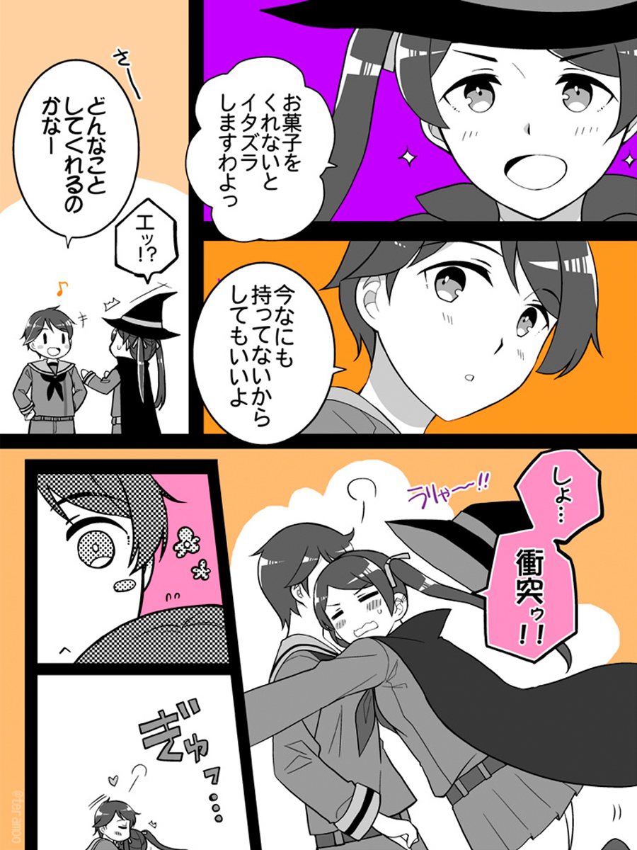 teramoto kaoru, mikuma (kancolle), mogami (kancolle), mogami kai ni (kancolle), kantai collection, commentary request, highres, translation request, 2girls, cape, greyscale, hat, hug, long hair, monochrome, multiple girls, pleated skirt, sailor collar, sailor shirt, school uniform, serafuku, shirt, short hair, shorts, skirt, spot color, twintails, witch hat