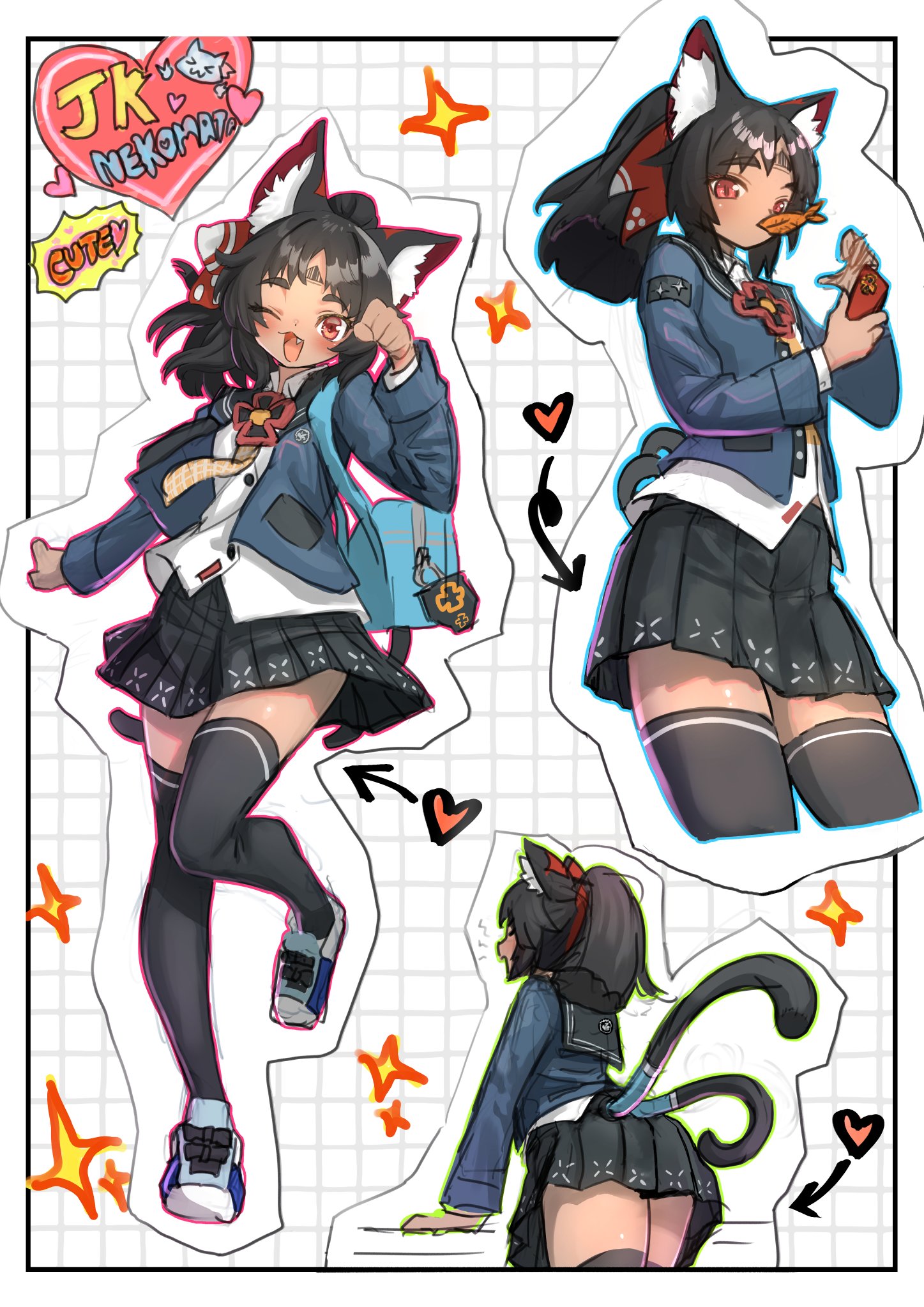 kamiyama kenta, nekomiya mana, zenless zone zero, commentary, english commentary, highres, 1girl, alternate costume, animal ear fluff, animal ears, arrow (symbol), bag, bag charm, barcode, barcode tattoo, black hair, black skirt, black thighhighs, blue jacket, blue shoes, cable, cable tail, cat ears, cat girl, cat tail, cellphone, character name, charm (object), checkered background, clenched hand, cookie, cowboy shot, cropped legs, english text, facial mark, fang, food, forehead mark, forehead tattoo, from behind, full body, hair ribbon, heart, holding, holding phone, jacket, mechanical tail, multiple tails, multiple views, necktie, one eye closed, open mouth, phone, red ribbon, ribbon, school bag, school uniform, shirt, shoes, skirt, sneakers, solo, sparkle, standing, standing on one leg, sticker, tail, tattoo, thighhighs, triangle, triangle facial mark, two tails, white background, white shirt, yellow necktie