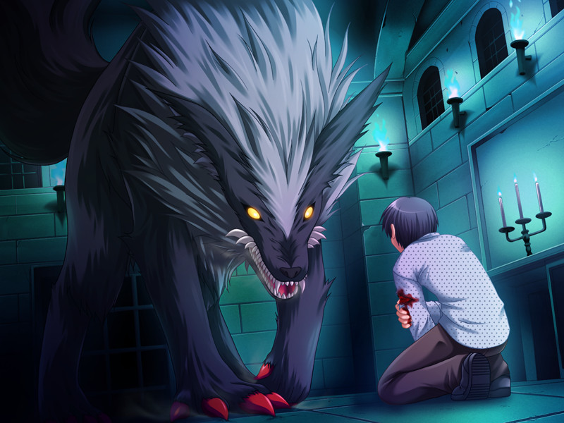 chokotto vampire!, 1boy, blood, blue fire, candle, claws, fangs, fire, glowing, glowing eyes, injury, kneeling, monster, polka dot, polka dot shirt, shirt, solid eyes, wolf