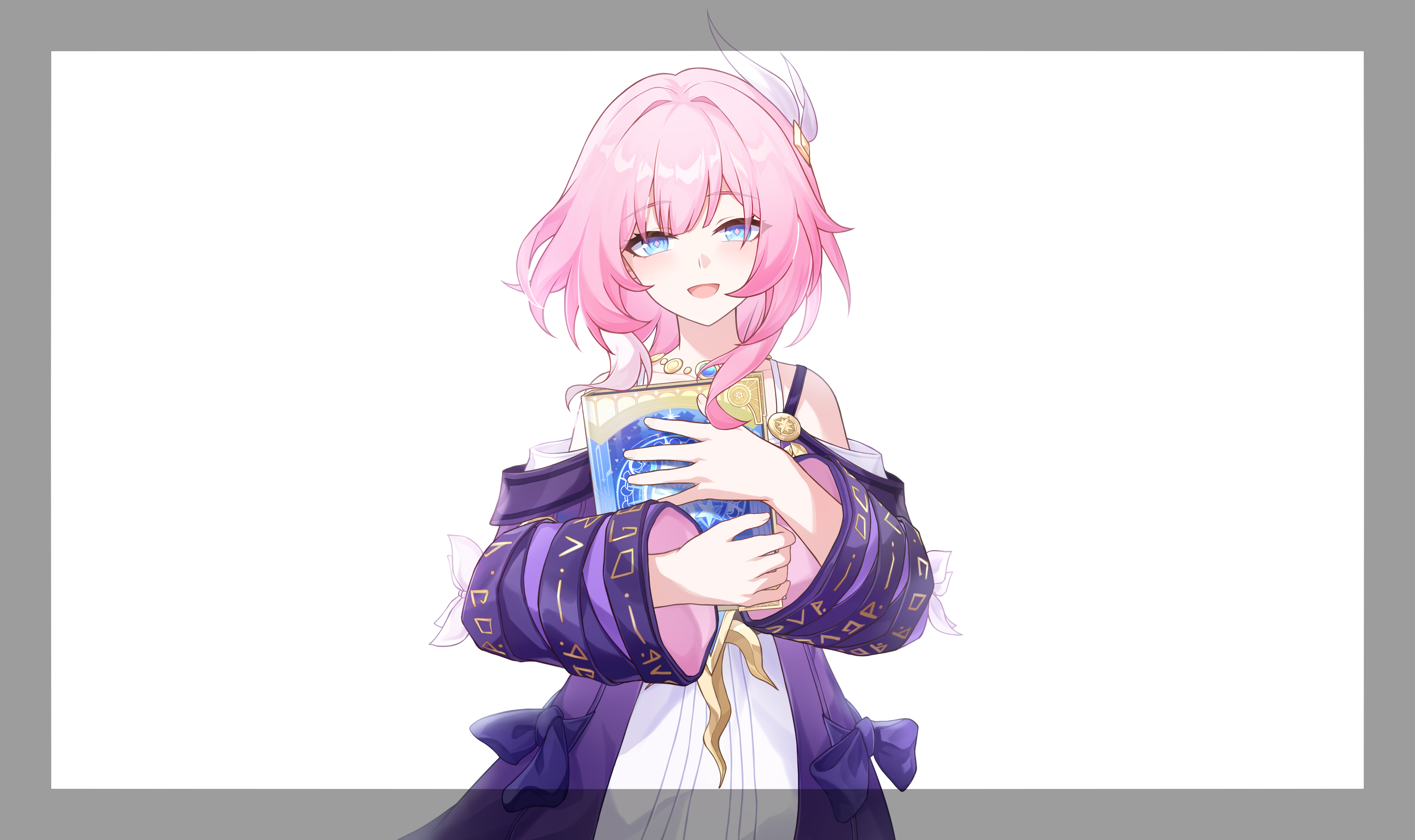 chuideng, cyrene (aedes elysiae) (honkai: star rail), cyrene (honkai: star rail), honkai: star rail, honkai (series), absurdres, chinese commentary, commentary request, highres, 1girl, blue eyes, book, dress, holding, holding book, jacket, looking at viewer, open mouth, pink hair, purple jacket, smile, solo, white dress