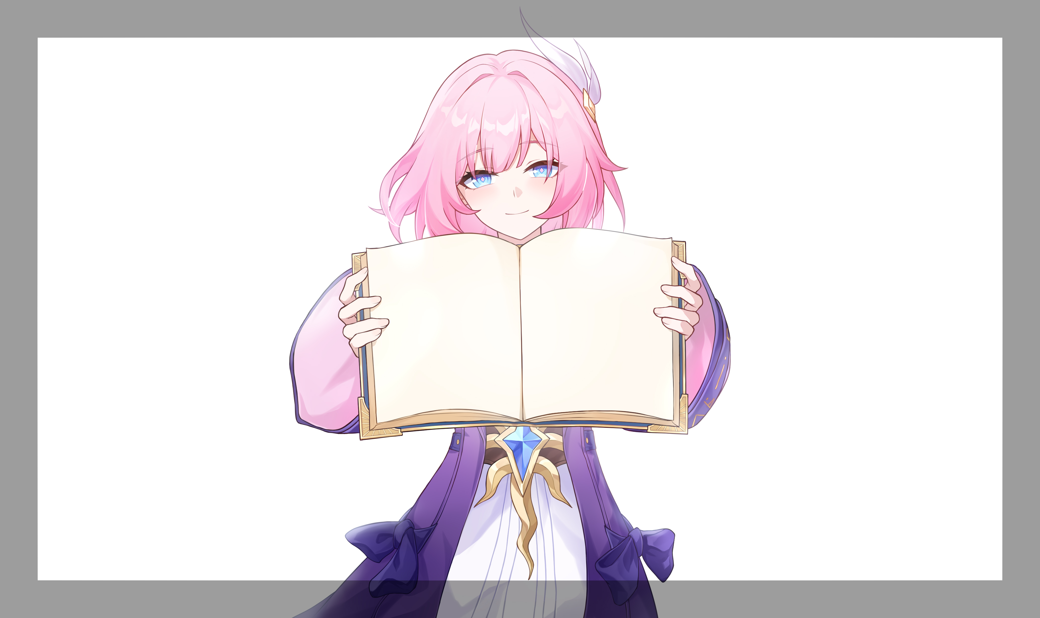 chuideng, cyrene (aedes elysiae) (honkai: star rail), cyrene (honkai: star rail), honkai: star rail, honkai (series), absurdres, chinese commentary, commentary request, highres, 1girl, blue eyes, book, closed mouth, dress, holding, holding book, jacket, looking at viewer, pink hair, purple jacket, smile, solo, white dress