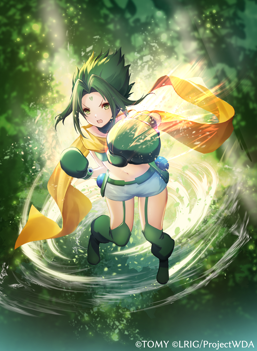 dqn (dqnww), midoriko (wixoss), wixoss, highres, official art, 1girl, boots, copyright notice, gloves, green boots, green eyes, green gloves, green hair, green thighhighs, looking at viewer, medium hair, open mouth, outdoors, scarf, shorts, solo, spiked hair, thighhighs, white shorts, yellow scarf