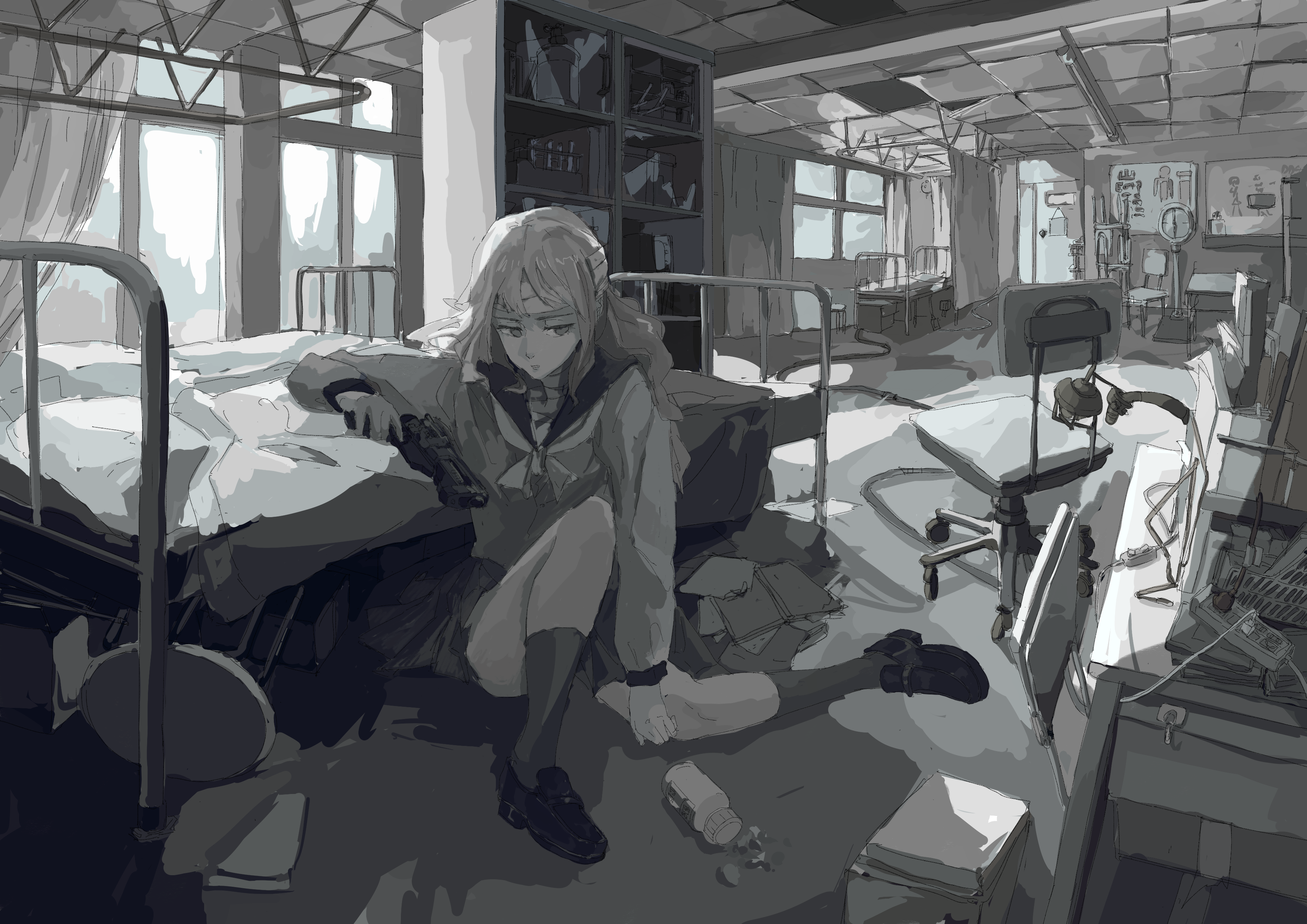 bin jiang, shinonome ryouko (juusan kihei bouei ken), juusan kihei bouei ken, absurdres, commentary, highres, 1girl, bed, chair, gun, holding, holding gun, holding weapon, long hair, school uniform, serafuku, shelf, solo, weapon