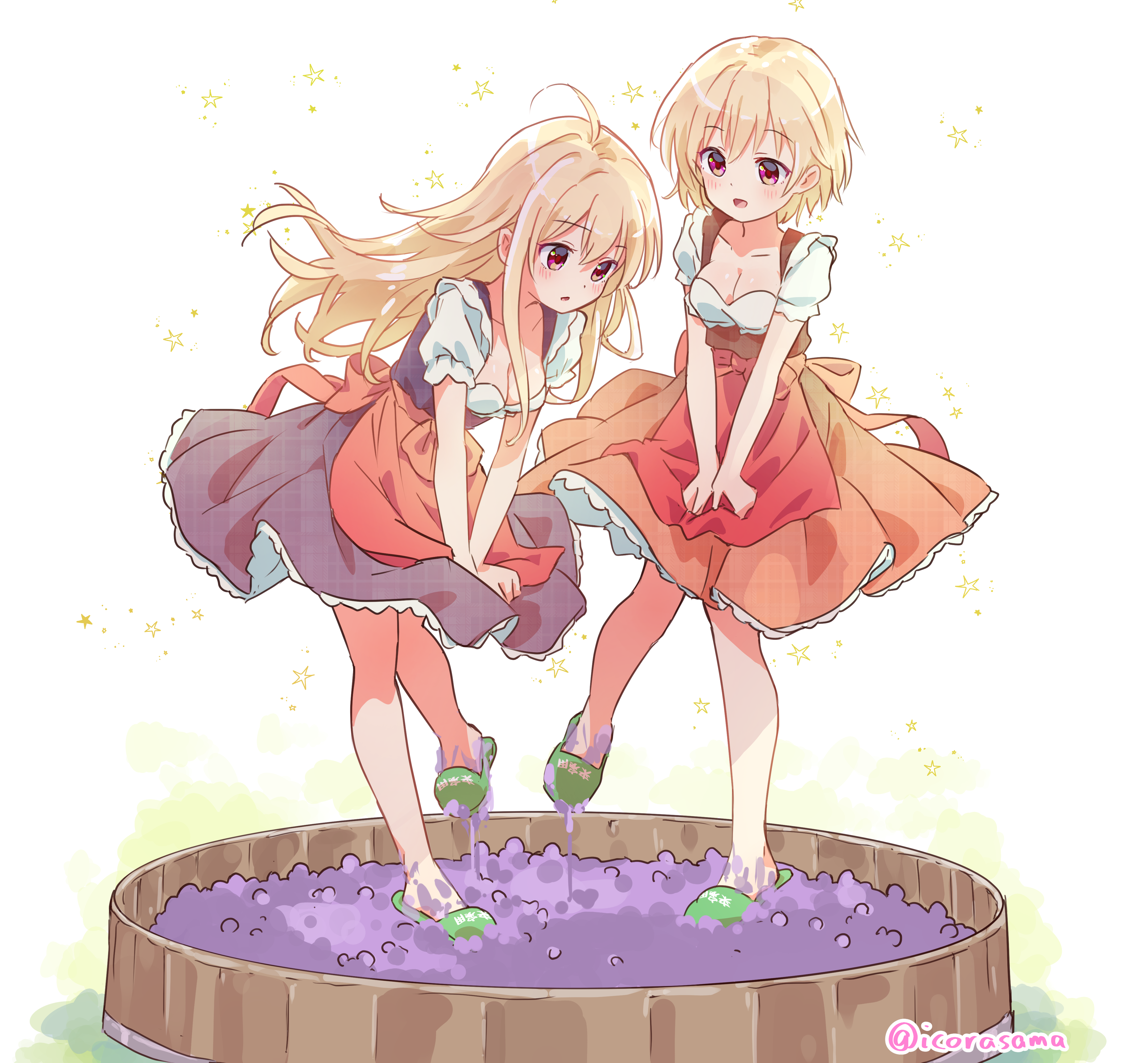 icorasama, jinja eru, jinja natsume, gochuumon wa usagi desu ka?, absurdres, commission, highres, skeb commission, 2girls, ahoge, apron, barrel, blonde hair, blouse, blush, breasts, brown dress, cleavage, collarbone, dirndl, dot nose, double-parted bangs, dress, flip-flops, german clothes, grape stomping, green slippers, hair between eyes, large breasts, long hair, multiple girls, open mouth, puffy short sleeves, puffy sleeves, purple dress, red apron, red eyes, sandals, shirt, short hair, short sleeves, siblings, simple background, sisters, skirt, skirt tug, slippers, star (symbol), twitter username, white background, white shirt