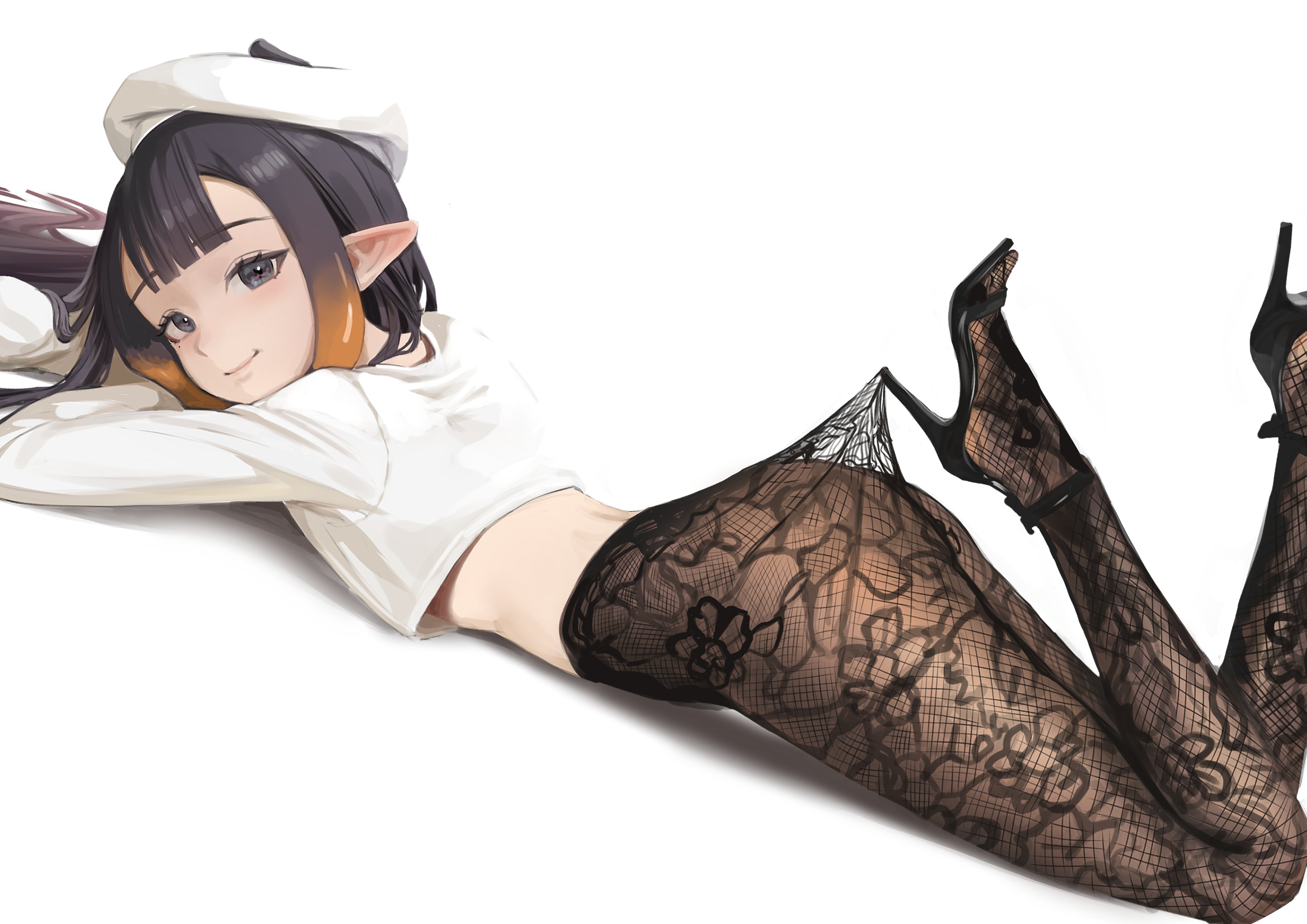 tanukidraws, ninomae ina'nis, hololive, hololive english, absurdres, commentary, english commentary, highres, 1girl, alternate costume, beret, black shoes, blue eyes, blunt bangs, crop top, from side, gradient hair, hat, high heels, lace pantyhose, lace pantyhose hooked on heel (meme), long hair, long sleeves, looking at viewer, lying, meme, mole, mole under eye, multicolored hair, on stomach, orange hair, pantyhose, pointy ears, purple hair, shirt, shoes, smile, tentacle hair, tentacles, virtual youtuber, white background, white hat, white shirt