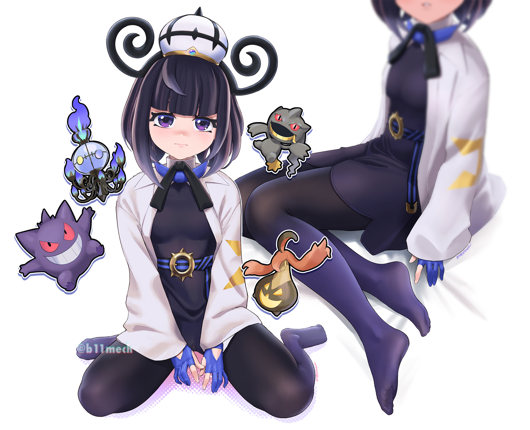 beleven, banette, chandelure, gengar, gourgeist, gwynn (pokemon), mega chandelure, nintendo, pokemon, pokemon legends: z-a, highres, mixed-language commentary, 1girl, black dress, black hair, black pantyhose, black ribbon, blue gloves, blunt bangs, closed mouth, dress, eyelashes, gen 1 pokemon, gen 3 pokemon, gen 5 pokemon, gen 6 pokemon, gloves, jacket, looking at viewer, medium hair, multiple views, neck ribbon, open clothes, open jacket, pantyhose, partially fingerless gloves, purple eyes, ribbon, twitter username, watermark, white background, white jacket