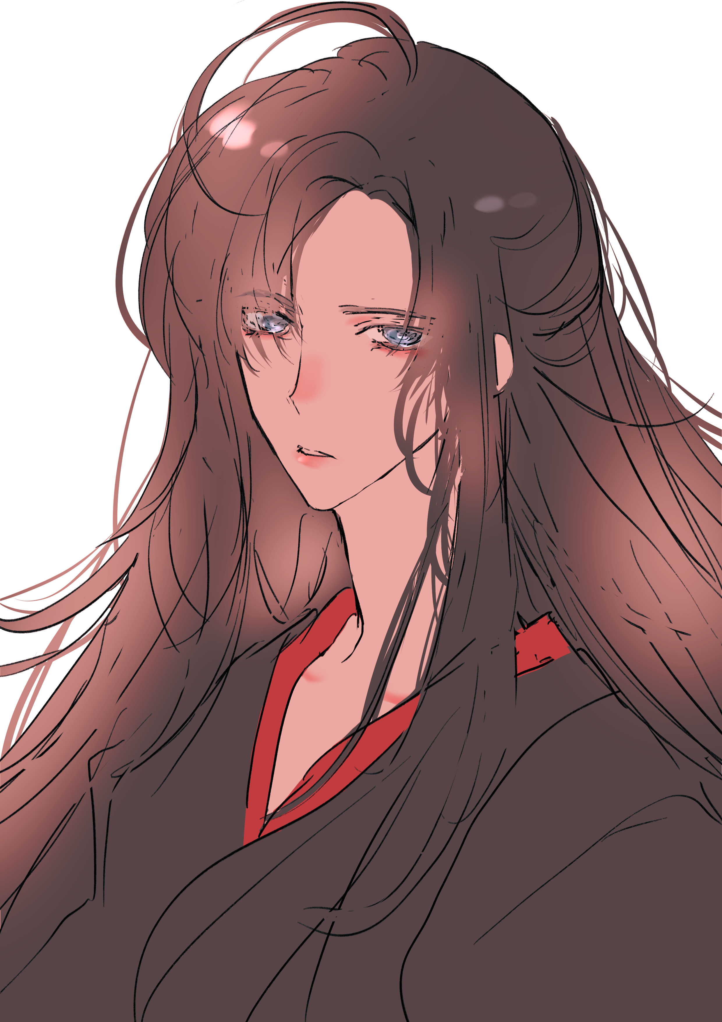 naruse (kmk648), wei wuxian, wei wuxian (yiling laozu), modao zushi, absurdres, highres, 1boy, ahoge, black hair, black hanfu, blue eyes, brown hair, chinese clothes, hair down, half updo, hanfu, long hair, looking at viewer, official alternate hairstyle, parted bangs, parted lips, robe, sidelocks, simple background, sketch, solo, upper body, white background