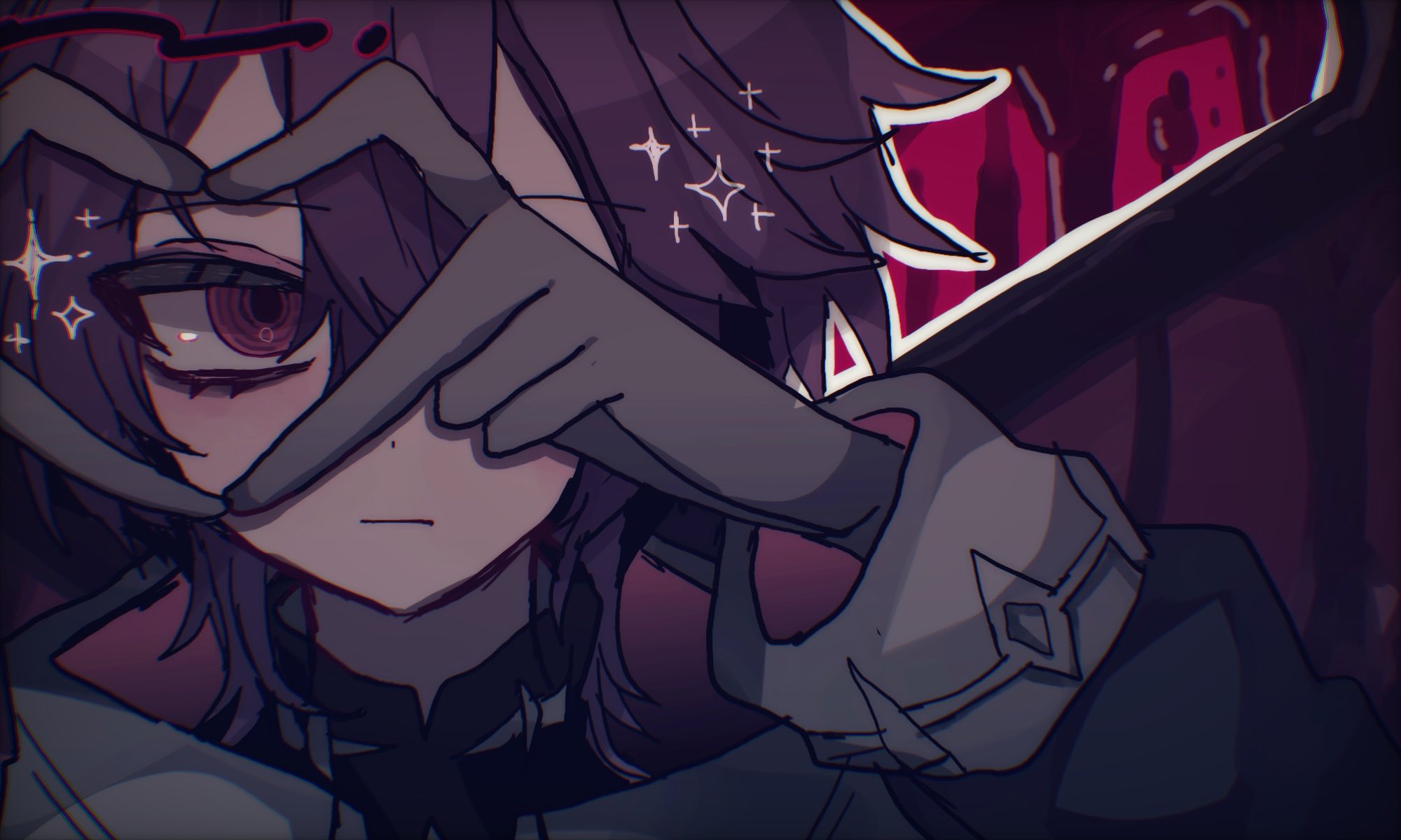 mini durin (genshin impact), mini durin (human) (genshin impact), genshin impact, commentary, highres, 1boy, :|, black gloves, closed mouth, coat, gloves, hair between eyes, heart, heart hands, kyukyu tata, long sleeves, looking at viewer, male focus, purple hair, red eyes, short hair, solo, sparkle, white coat, wings