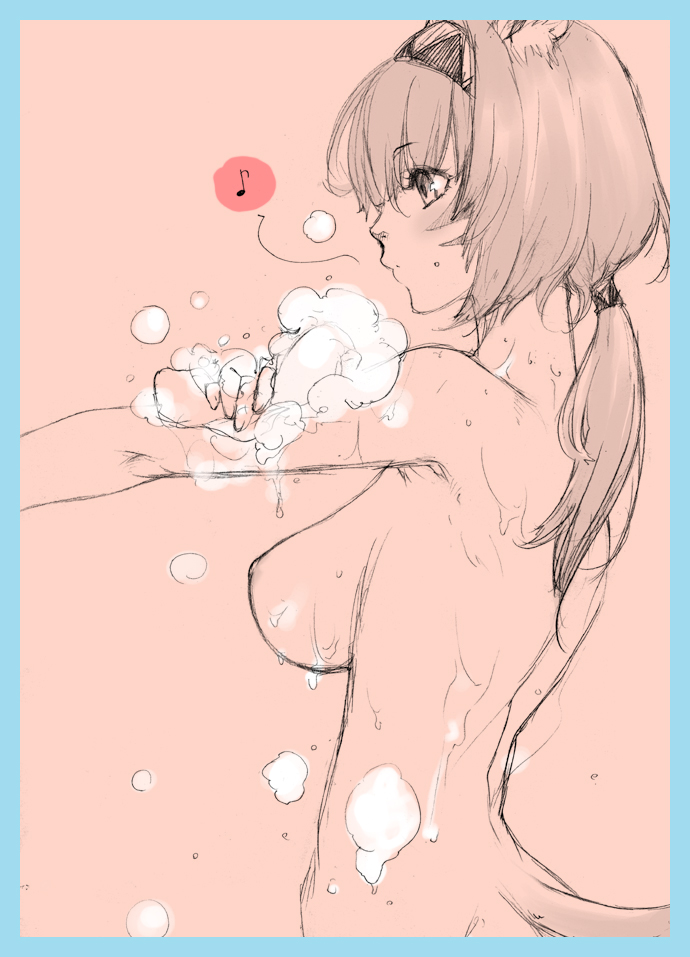 tachibana chata, mithra (ff11), final fantasy, final fantasy xi, shower, washing, 00s, 1girl, animal ears, back, bathing, breasts, cat ears, cat tail, female focus, hairband, monochrome, nipples, nude, ponytail, short hair, sketch, soap, soap bubbles, solo, tail, wet, whistling