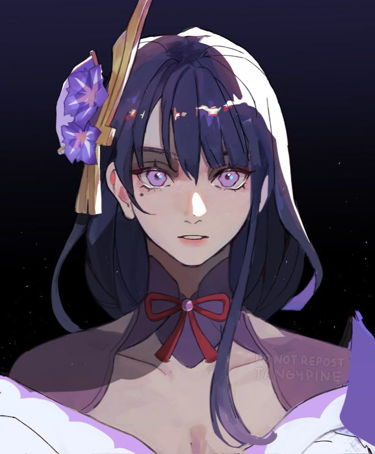 raiden shogun, genshin impact, artist request, bad id, bad instagram id, 1girl, artist name, blue pupils, blunt bangs, breasts, bridal gauntlets, cleavage, clothing cutout, collarbone, fan hair ornament, flower, flower ornament, gradient background, gradient hair, hair ornament, japanese clothes, kimono, light particles, long hair, looking at viewer, mole, mole under eye, multicolored eyes, multicolored hair, neck ribbon, off shoulder, parted lips, pink lips, purple background, purple eyes, purple flower, purple kimono, red ribbon, ribbon, shade, shoulder cutout, solo, tan, teeth, upper body, watermark, wide-eyed
