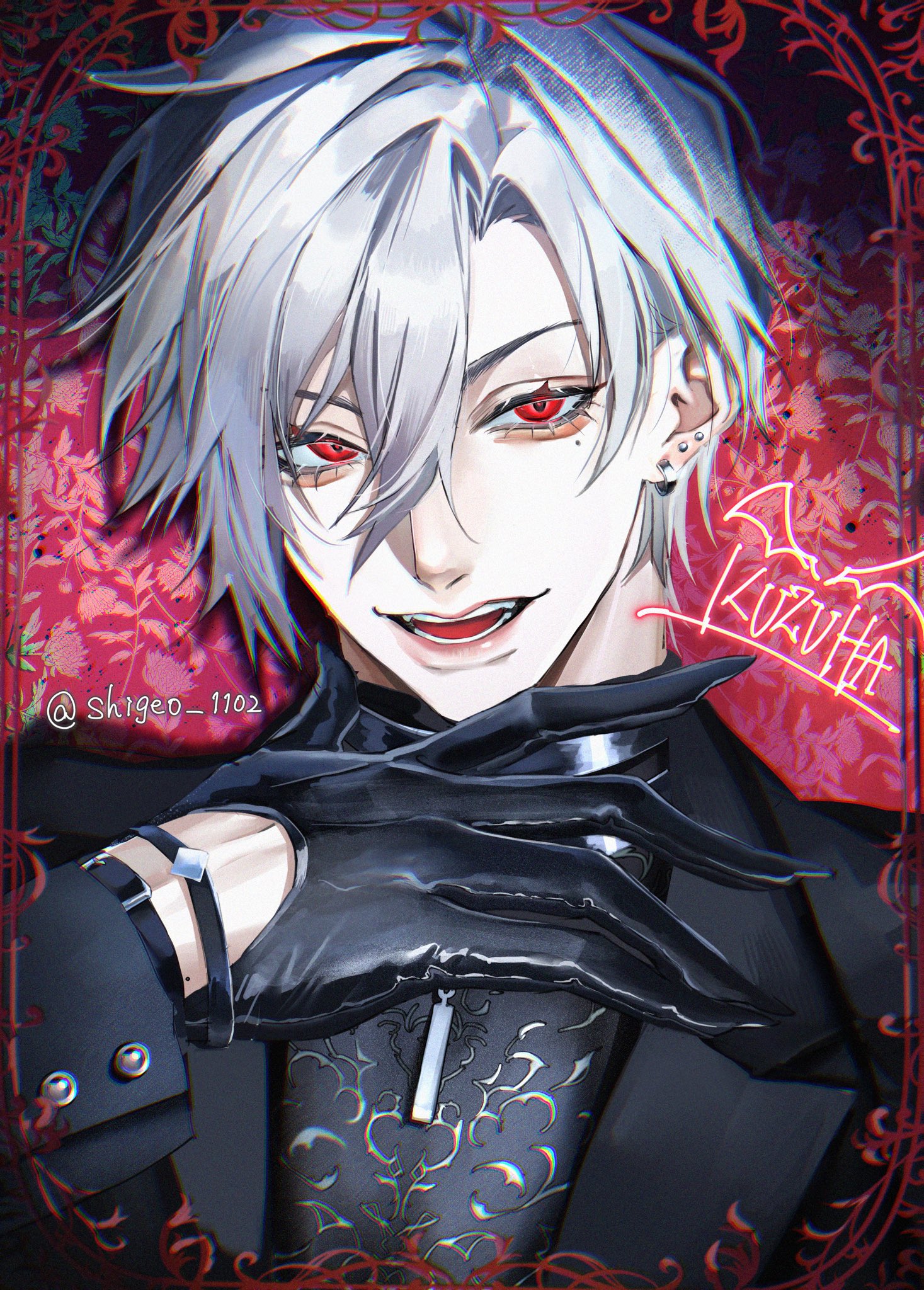 kuzuha (nijisanji), nijisanji, highres, 1boy, black gloves, black jacket, black shirt, character name, ear piercing, earrings, fingernails, formal clothes, gloves, grey hair, hair between eyes, jacket, jewelry, long sleeves, looking at viewer, male focus, mole, mole under eye, open mouth, piercing, pointy ears, red eyes, sharp fingernails, shigeo 1102, shirt, smile, solo, upper body, vampire, virtual youtuber, white hair