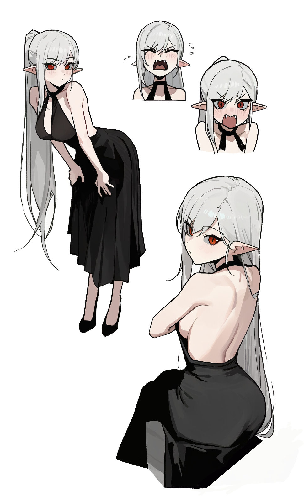 rusellunt, vampire (gogalking), original, commentary, highres, 1girl, :/, ass, backless dress, backless outfit, bare arms, bare shoulders, black dress, black shoes, blush, breasts, closed eyes, closed mouth, cropped shoulders, dress, fangs, flying sweatdrops, full body, grey hair, halter dress, halterneck, hands on own thighs, large breasts, leaning forward, light blush, long hair, looking at viewer, multiple views, open mouth, pointy ears, ponytail, red eyes, shoes, sideboob, simple background, sitting, slit pupils, standing, v-shaped eyebrows, very long hair, white background