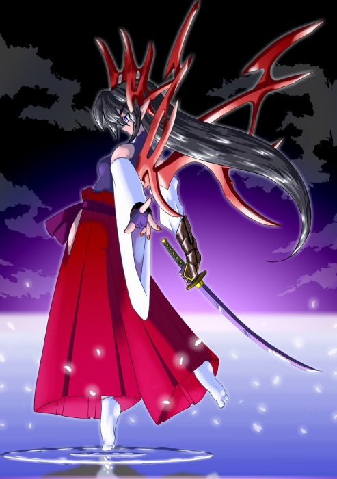 iwatobi hiro, original, black hair, detached sleeves, gauntlets, katana, long hair, pointy ears, socks, solo, sword, weapon, wings