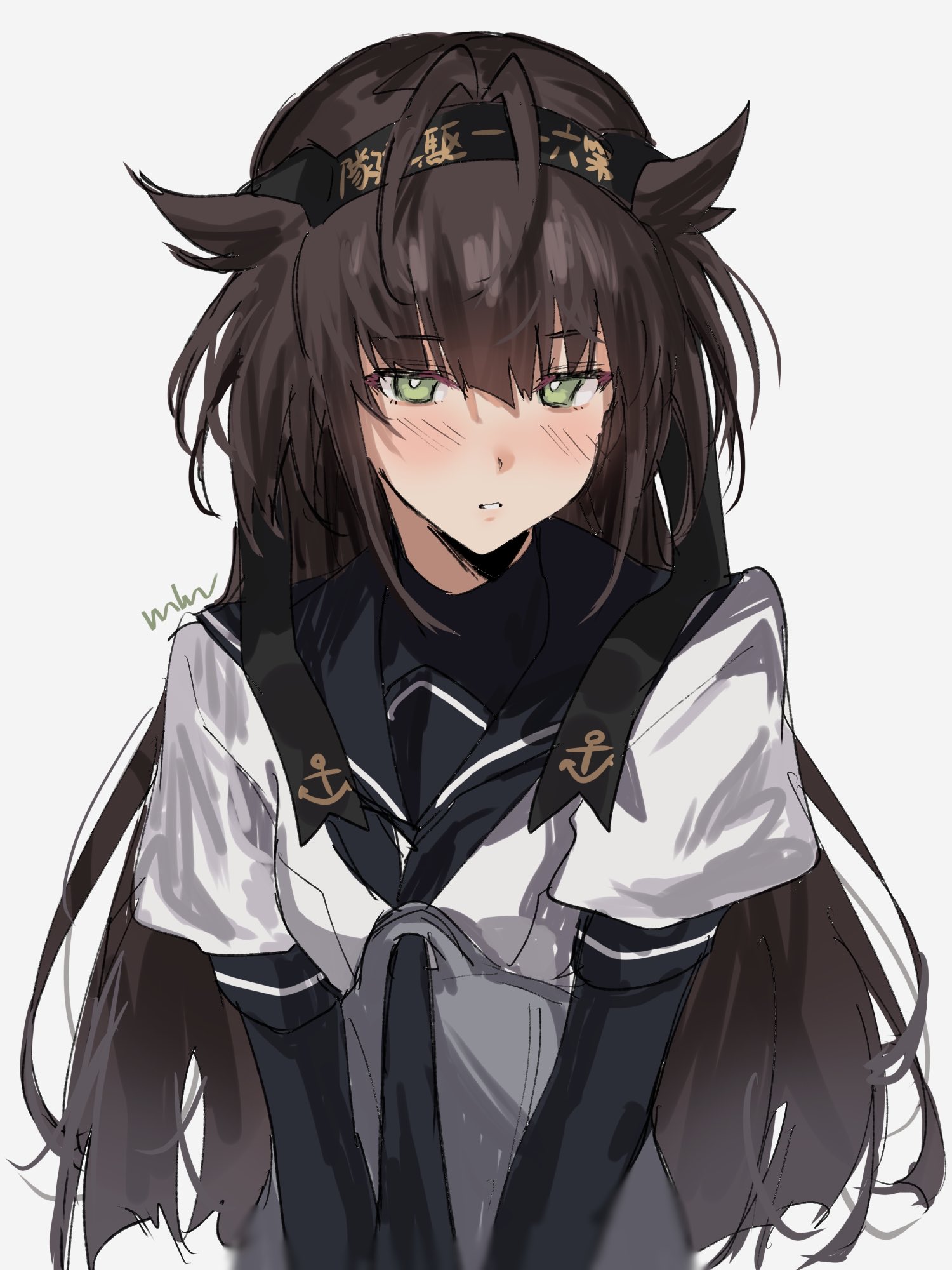 aogisa, hatsuzuki (kancolle), kantai collection, highres, 1girl, alternate hairstyle, anchor symbol, black gloves, black hair, black headband, black sailor collar, clothes writing, gloves, grey eyes, hair flaps, headband, long hair, sailor collar, sailor shirt, shirt, simple background, solo, upper body, white background, white shirt