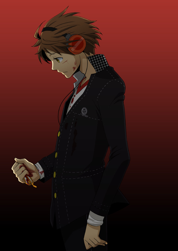 sumii (fumiki7), hanamura yousuke, atlus, persona, persona 4, 1boy, blood, brown eyes, brown hair, glasses, gradient background, headphones, male focus, school uniform, short hair, solo