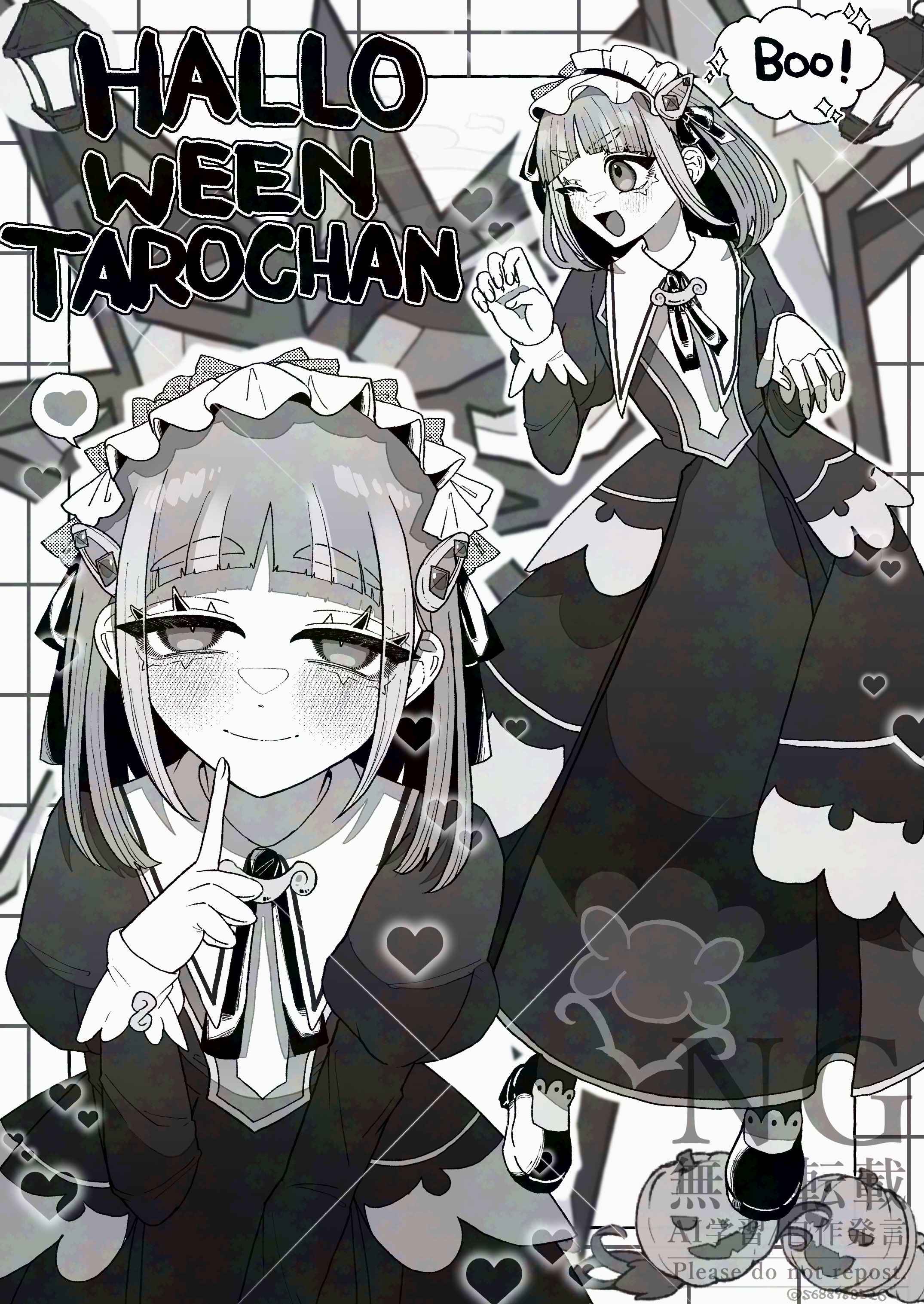 ssandesu, lacey (fall 2025) (pokemon), lacey (pokemon), nintendo, pokemon, pokemon masters ex, absurdres, commentary request, highres, 1girl, ;d, character name, closed mouth, dress, eyelashes, greyscale, hair ornament, hairclip, index finger raised, jack-o'-lantern, juliet sleeves, long sleeves, looking at viewer, maid, maid headdress, monochrome, multiple views, official alternate costume, one eye closed, open mouth, puffy sleeves, short hair, smile