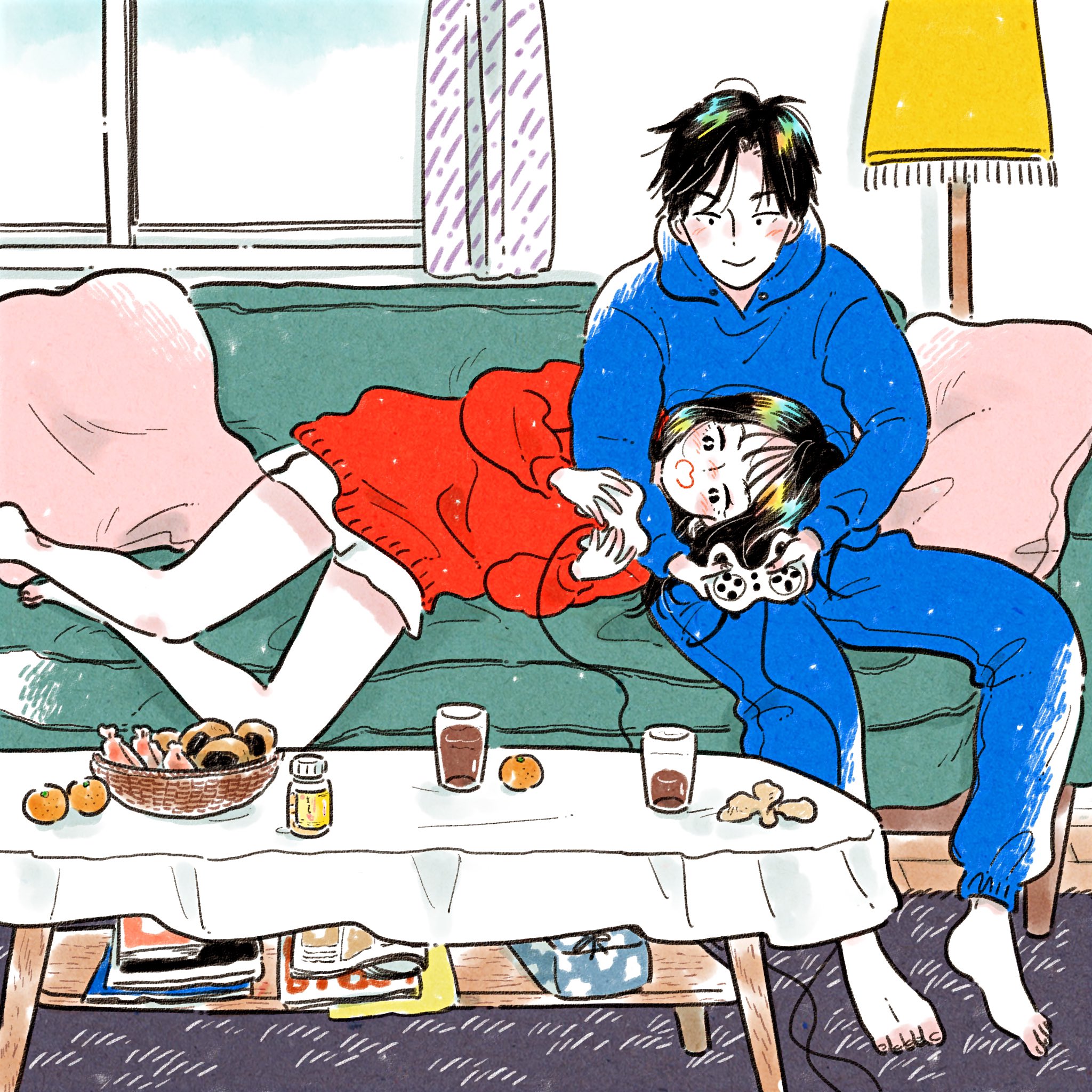 emamemamo33, original, commentary, highres, traditional media, 1girl, barefoot, black eyes, black hair, blue hoodie, blush, coffee table, colored skin, controller, cookie, couch, cup, curtains, fingernails, food, fruit, full body, game controller, holding, holding controller, holding game controller, hood, hoodie, indoors, iridescent hair, lamp, lap pillow, long sleeves, magazine (object), on couch, orange (fruit), pants, pillow, playing games, red sweater, rug, short hair, shorts, slice of life, snack, sweater, sweatpants, table, tablecloth, white shorts, white skin, wicker basket, window, wooden floor