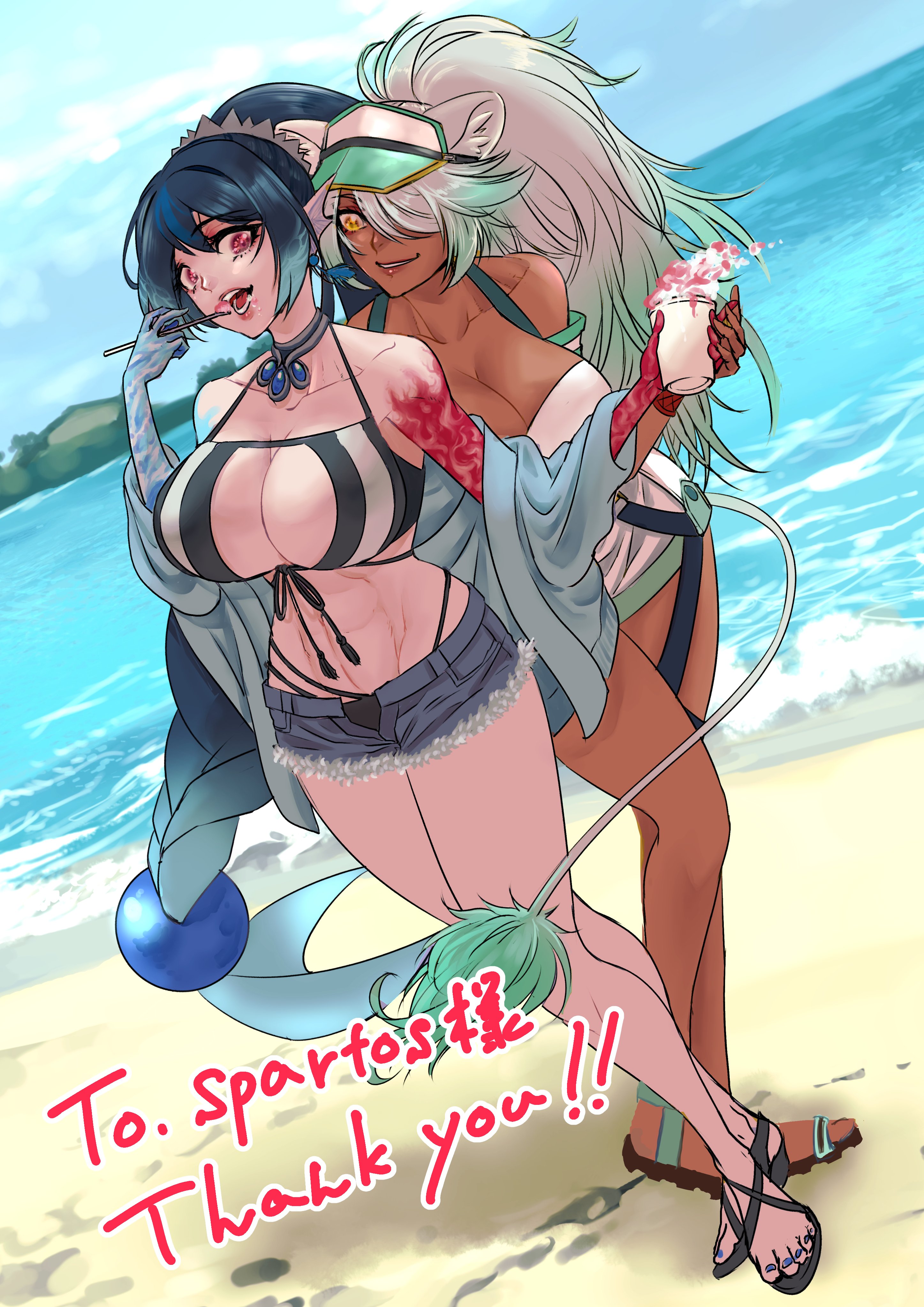 nagai yuki, ardora (spartosmindset), undine, original, absurdres, commentary request, commission, highres, skeb commission, 2girls, animal ear fluff, animal ears, aqua hair, aqua hat, aqua tail, bare legs, beach, bikini, black bikini, blue hair, blue jacket, blue nails, blue skin, blue sky, breasts, cleavage, colored skin, commissioner name, cup, dark-skinned female, dark skin, day, dutch angle, fins, food, front-tie bikini top, front-tie top, full body, gradient hair, hair over one eye, hat, head fins, holding, holding cup, holding hands, holding spoon, jacket, jacket partially removed, large breasts, lion ears, lion girl, long hair, monster girl, multi-strapped bikini bottom, multicolored hair, multicolored skin, multiple girls, nail polish, open mouth, outdoors, purple eyes, red skin, reiha w. kresnik (reizeeb), sandals, shaved ice, sky, smile, split-color skin, spoon, standing, swimsuit, thank you, toenail polish, toenails, toes, very long hair, visor cap, white hair, white tail, yellow eyes