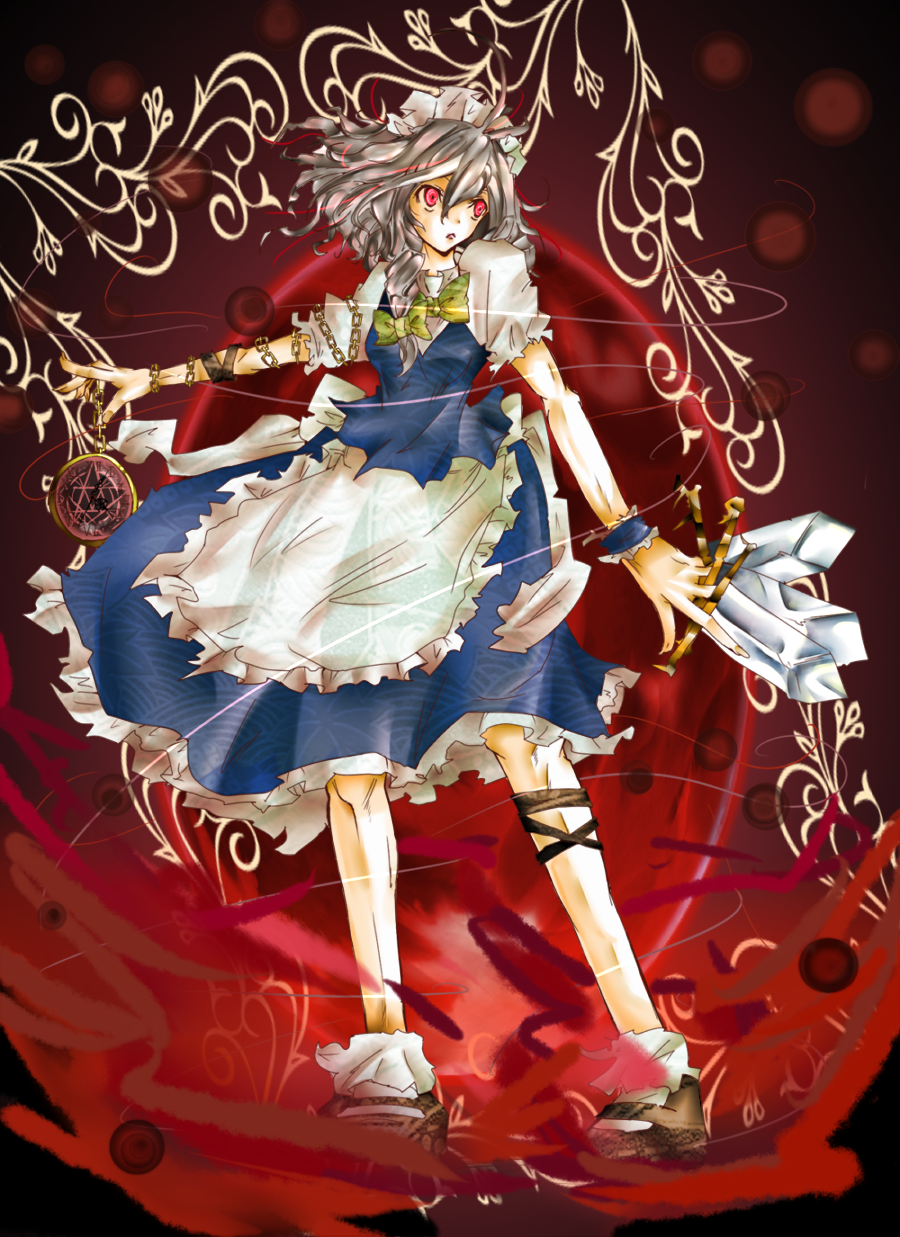 uuuixuuu, izayoi sakuya, touhou, silver hair, bad id, bad pixiv id, highres, 1girl, apron, braid, breasts, female focus, full body, hairband, knife, maid, pocket watch, red eyes, short hair, skirt, solo, twin braids, watch