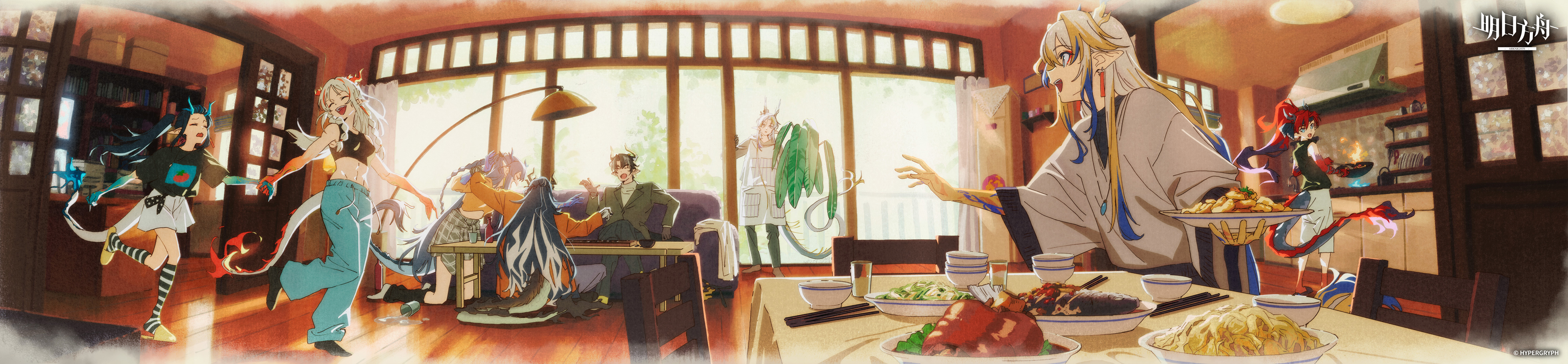 tomato (lsj44867), chongyue (arknights), dusk (arknights), ji (arknights), ling (arknights), nian (arknights), shu (arknights), yu (arknights), arknights, absurdres, highres, long image, wide image, 4boys, 4girls, black hair, blonde hair, blue hair, dragon boy, dragon girl, dragon horns, dragon tail, grey hair, horns, indoors, long hair, multicolored hair, multiple boys, multiple girls, pointy ears, red hair, short hair, siblings, tail, two-tone hair, yi (arknights)