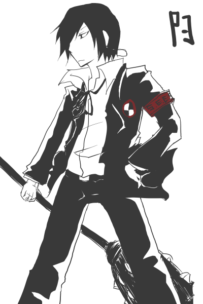 asi, yuuki makoto (persona 3), atlus, persona, persona 3, bad id, bad pixiv id, 1boy, armband, black hair, broom, club (weapon), greyscale, male focus, minato arisato, monochrome, solo, spot color, weapon