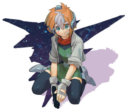 motohashi mari, fox mccloud, nintendo, star fox, lowres, 1girl, aqua eyes, arwing, blush, boots, dress, female focus, fingerless gloves, genderswap, genderswap (mtf), gloves, gun, humanization, jacket, multicolored hair, orange hair, personification, scarf, short dress, short hair, solo, thighhighs, two-tone hair, weapon, white hair, zettai ryouiki