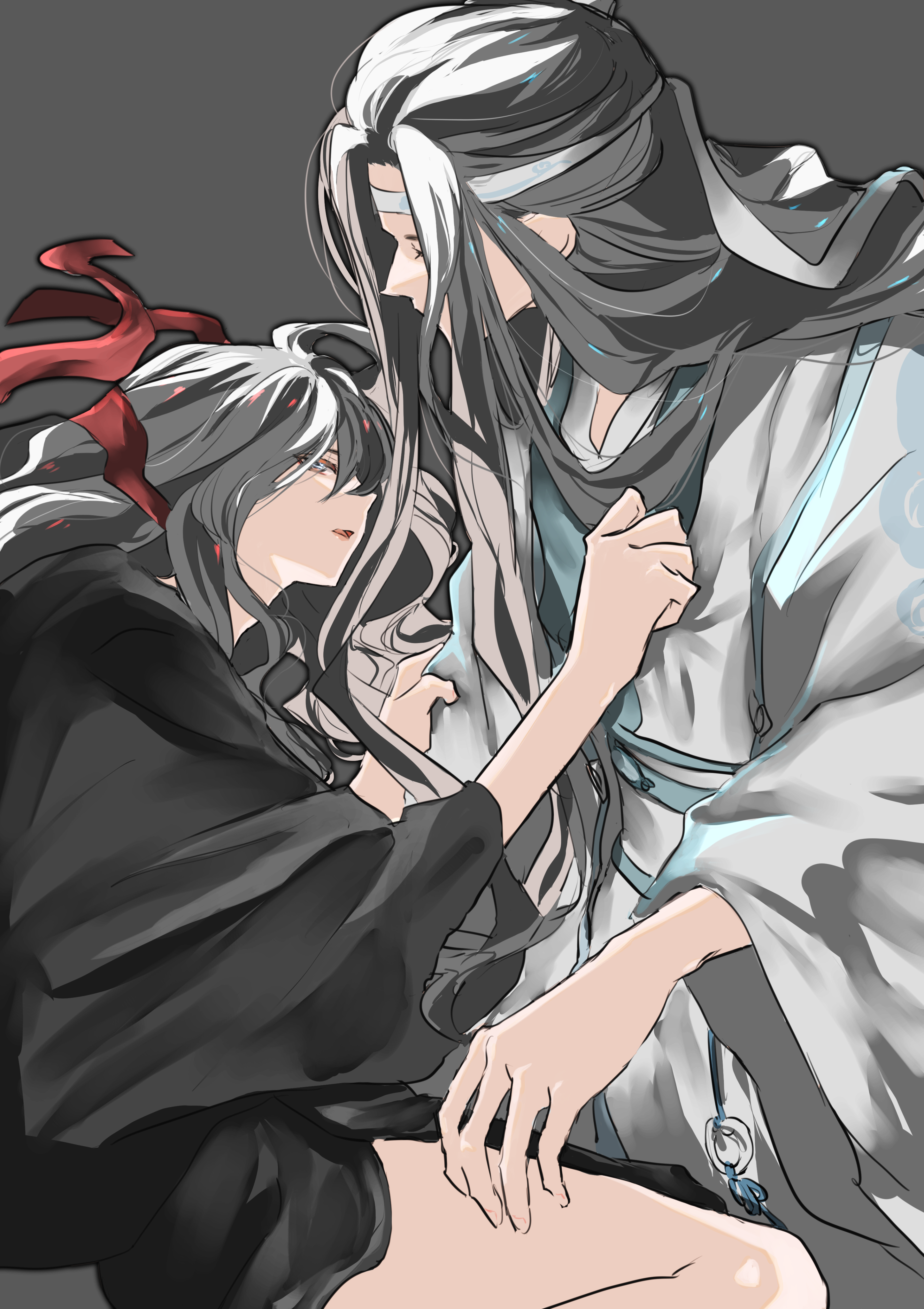 naruse (kmk648), lan wangji, wei wuxian, modao zushi, absurdres, highres, 2boys, alternate hairstyle, bare legs, black hair, black hanfu, blue eyes, blue sash, chinese clothes, clothes grab, couple, grey background, hair down, hair ribbon, hair spread out, hanfu, headband, long hair, long sleeves, looking at another, lying, male focus, multiple boys, on side, parted lips, profile, red eyes, red ribbon, ribbon, robe, sash, simple background, sitting, tassel, untied ribbon, white hanfu, white headband, wide sleeves, yaoi, yaopei