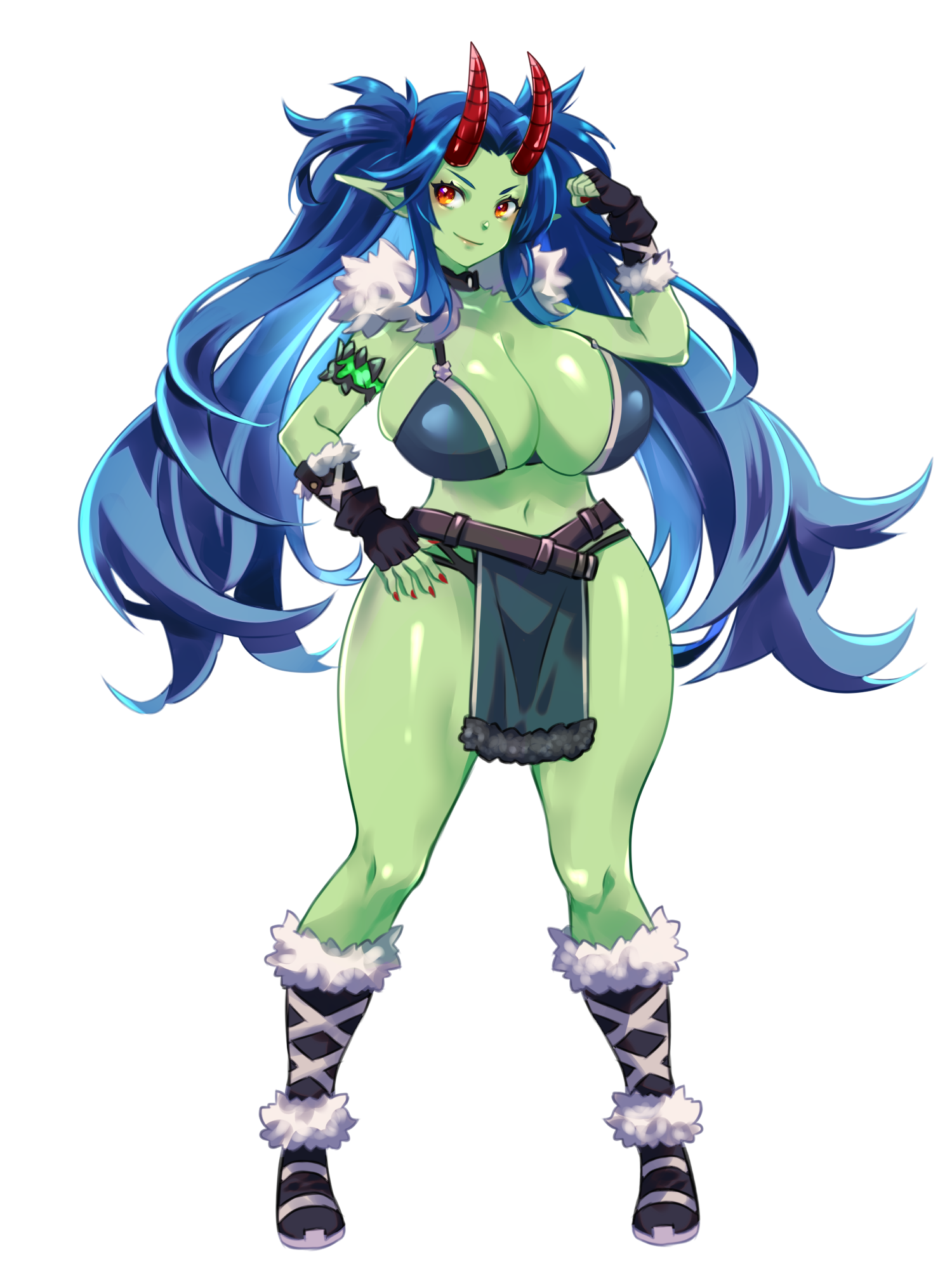 su (pixiv44447), dairoku ryouhei, highres, 1girl, armlet, armor, belt, bikini armor, black choker, black gloves, blue hair, boots, breasts, choker, clenched hand, colored skin, fingerless gloves, full body, fur-trimmed boots, fur-trimmed gloves, fur trim, gloves, green skin, hand on own hip, hand up, horns, jewelry, large breasts, long hair, navel, orange eyes, pelvic curtain, pointy ears, red horns, red nails, revealing clothes, smile, solo, standing, transparent background, twintails, very long hair