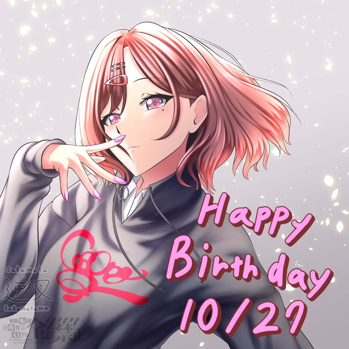 sakamata (sakamata mm), higuchi madoka, idolmaster, idolmaster shiny colors, highres, 1girl, black hoodie, black sweater, blouse, brown hair, collared shirt, fangs, hair ornament, hairclip, hood, hoodie, mole, mole under eye, pink nails, purple eyes, shirt, short hair, skin fangs, sweater, swept bangs, white shirt