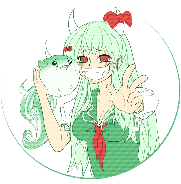 aduman, ganmen2525, ex-keine, kamishirasawa keine, kamishirasawa keine (hakutaku), sukusuku hakutaku, touhou, bad id, bad pixiv id, 1girl, breasts, cleavage, female focus, green hair, grin, horns, large breasts, long hair, rape face, red eyes, ribbon, smile, solo, v