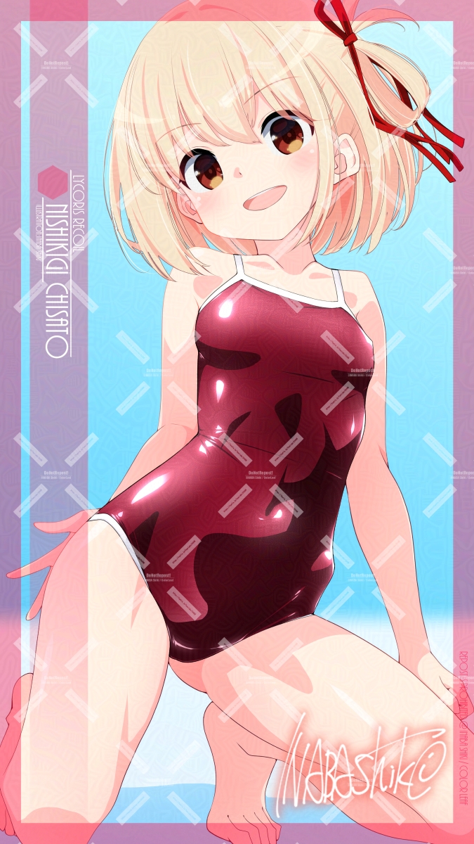 inaba shiki, nishikigi chisato, lycoris recoil, adversarial noise, commentary request, highres, 1girl, artist name, blonde hair, breasts, character name, competition school swimsuit, covered navel, hair ribbon, looking at viewer, one-piece swimsuit, one side up, red eyes, red one-piece swimsuit, ribbon, school swimsuit, short hair, small breasts, smile, solo, squatting, swimsuit